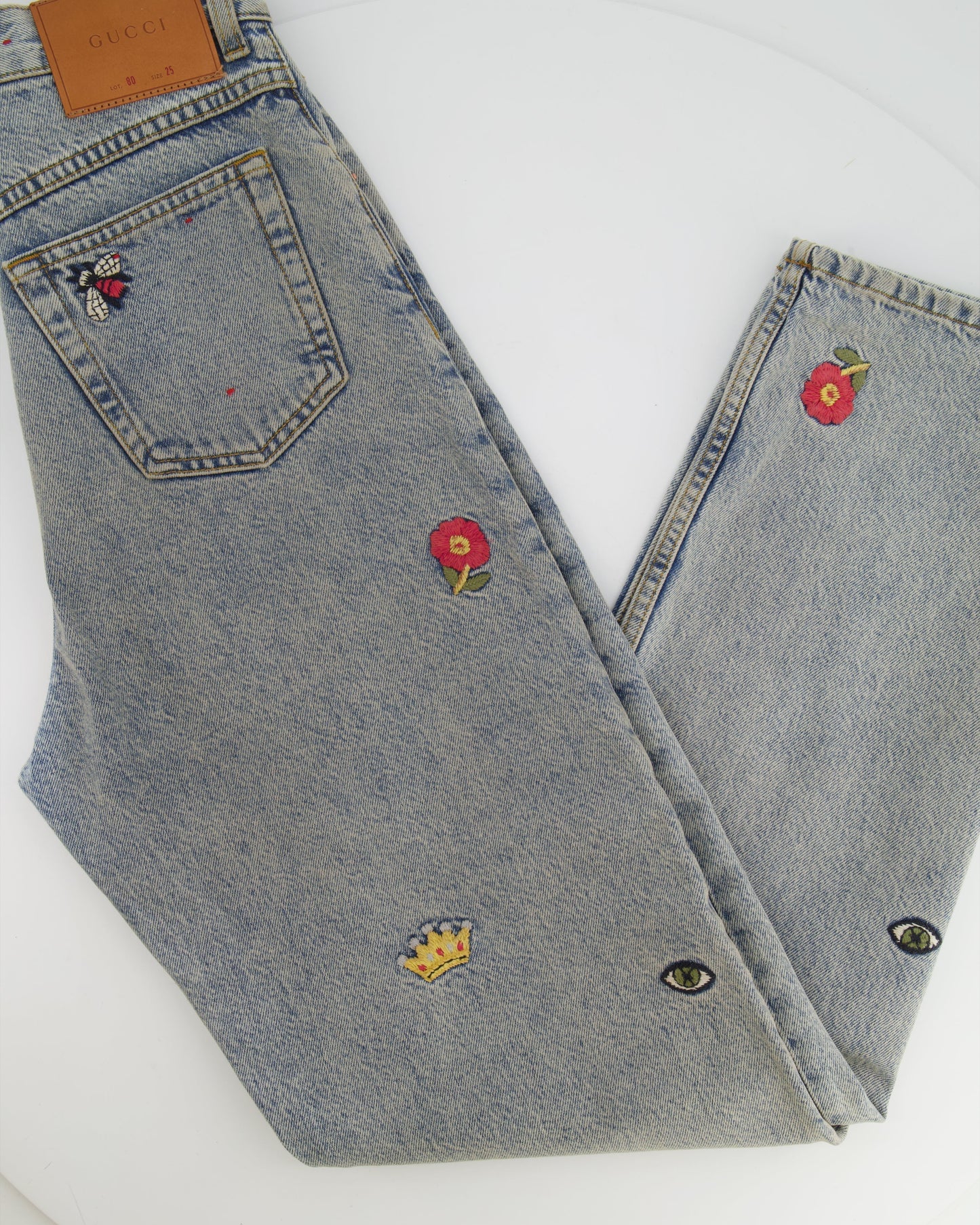 Luxury Gucci Trending 2025 Blue Straight Loved Jeans with Multicolour Embroideries Size 25