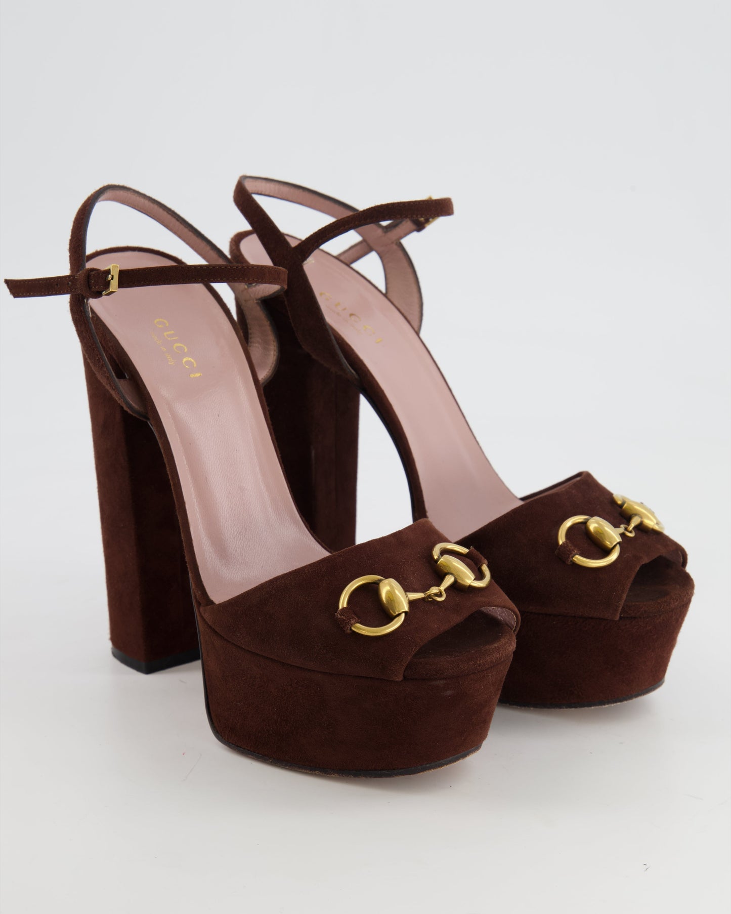 Luxury Gucci Chocolate Brown Suede Horsebit Platform Heels all  Size available