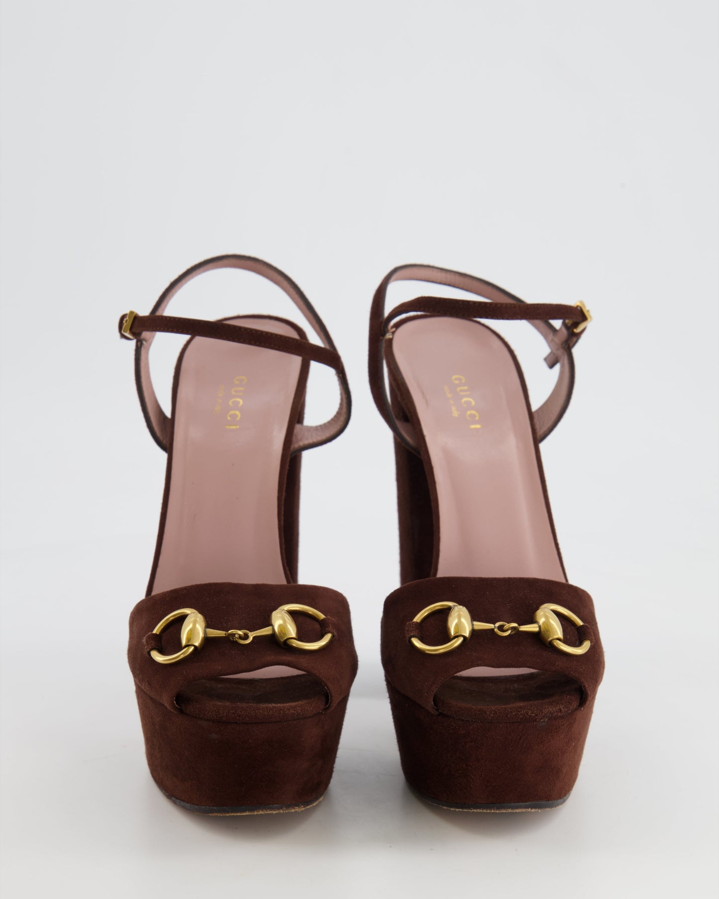 Luxury Gucci Chocolate Brown Suede Horsebit Platform Heels all  Size available