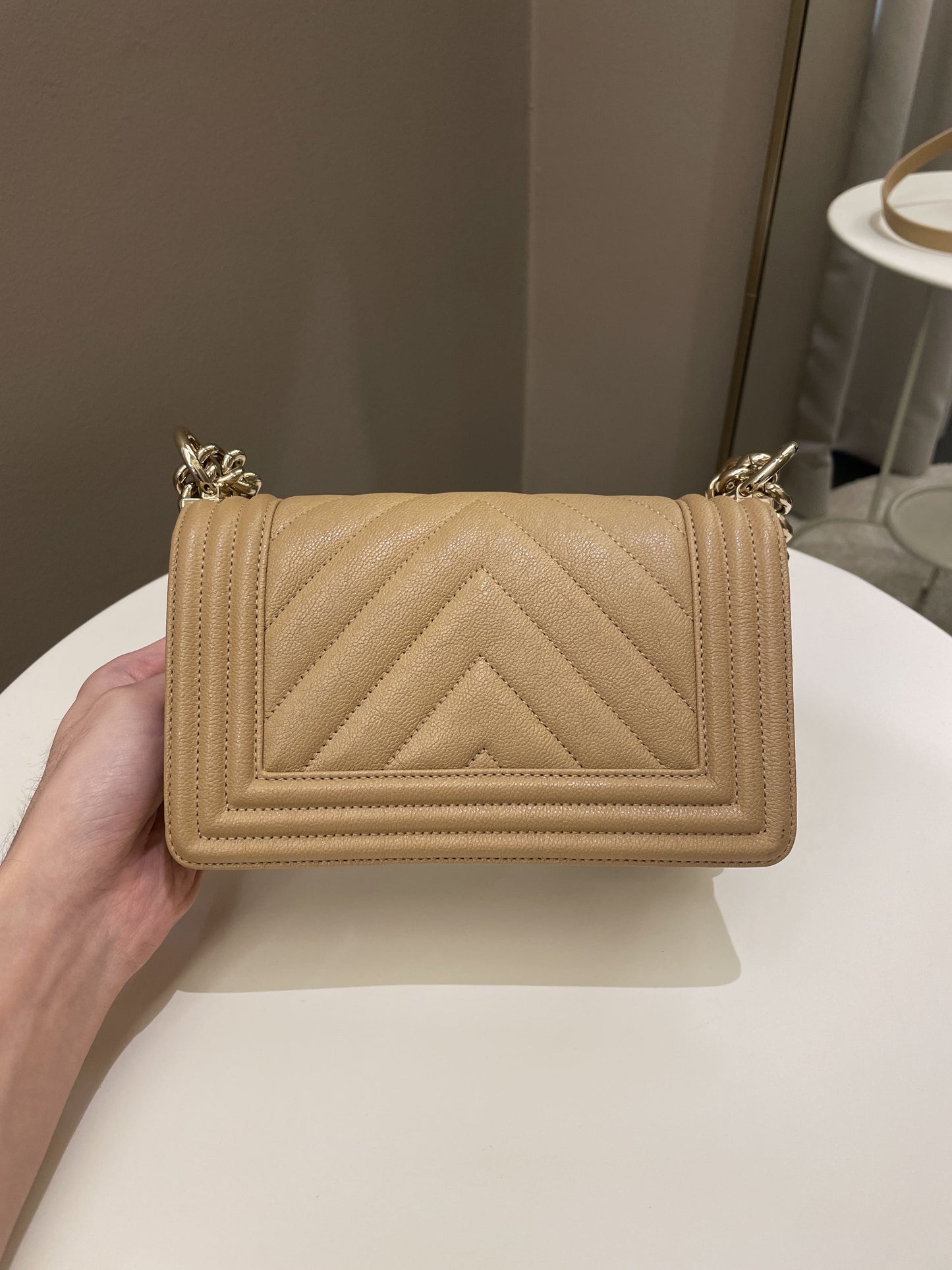 Luxury Chanel Chevron Small Boy Dark Milk Tea Beige Caviar