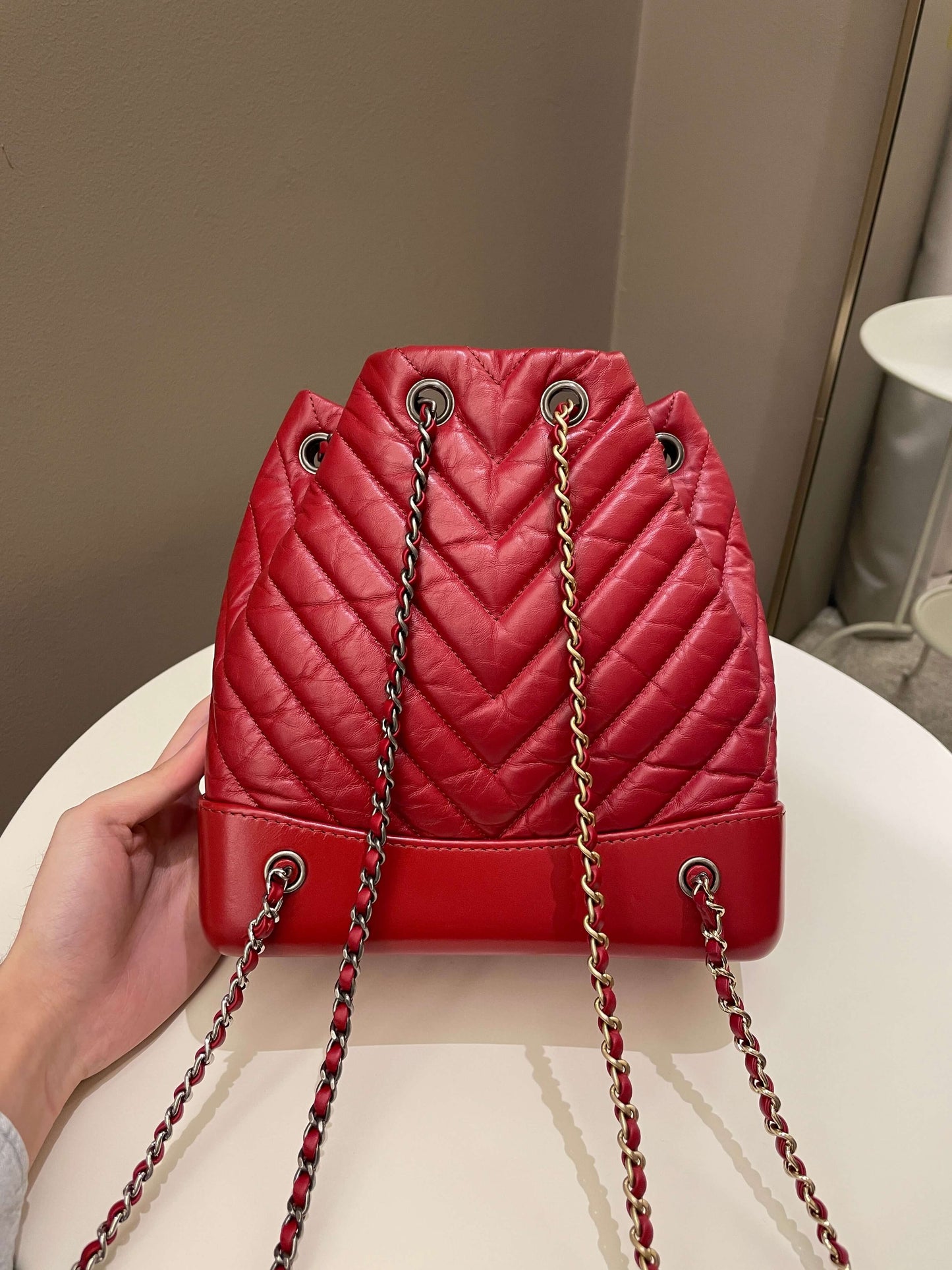 Luxury Chanel Chevron Gabrielle Backpack Red Aged Calfskin