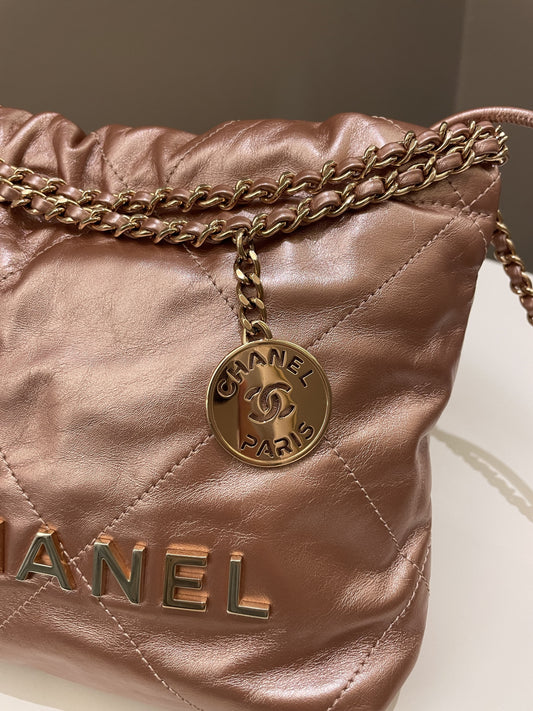 Luxury Chanel 23S Mini 22 Metallic Rose Gold Copper