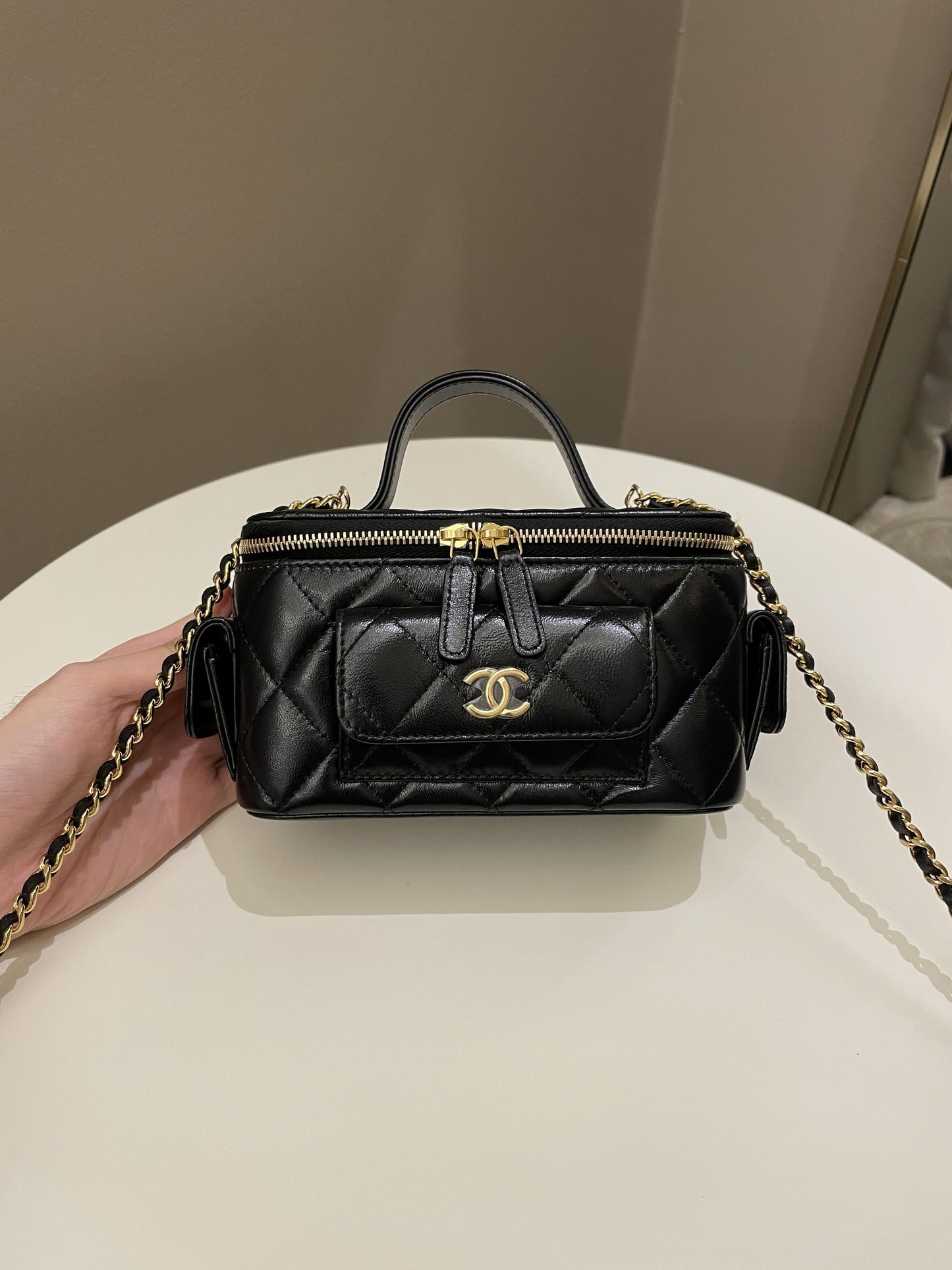 Luxury Chanel Polly Pocket Multi Pocket Vanity Case Bag Black Glazed Lambskin