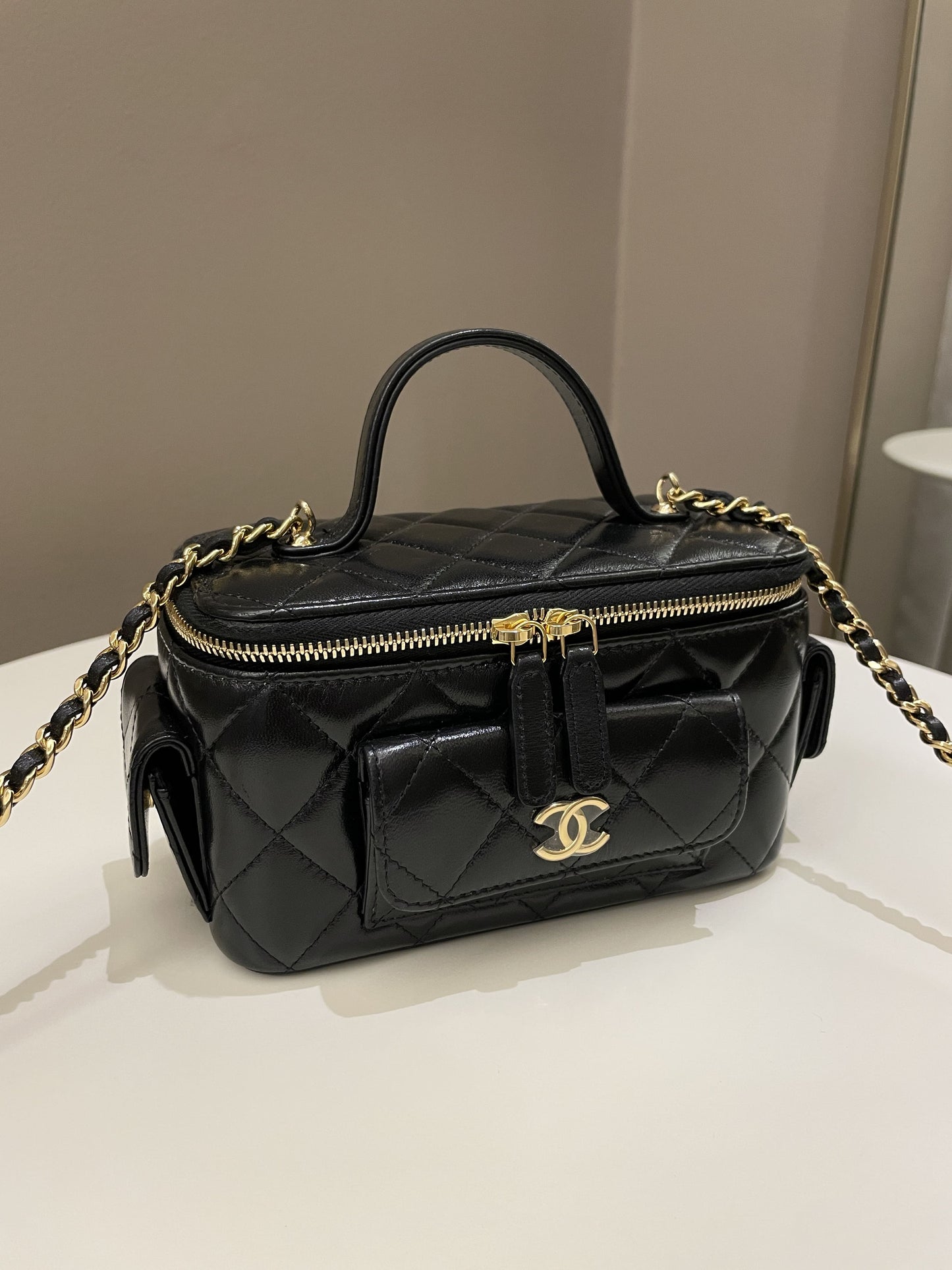 Luxury Chanel Polly Pocket Multi Pocket Vanity Case Bag Black Glazed Lambskin