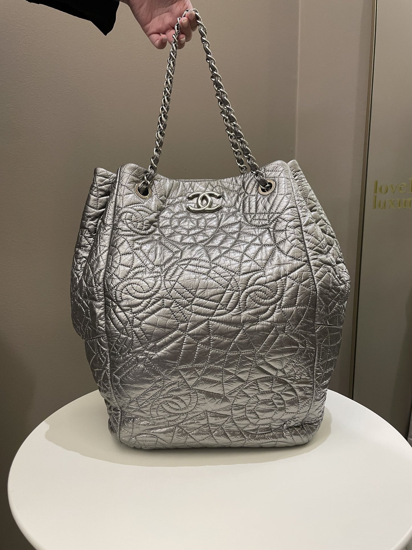 Luxury Chanel Camilla Graphic Embossed Bag Silver Patent