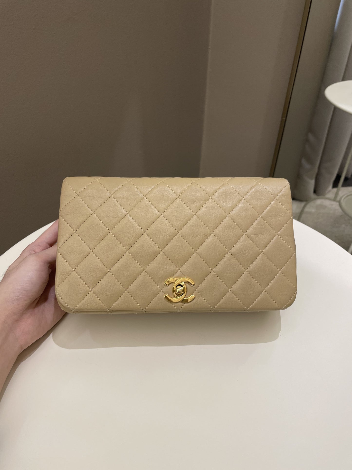 Luxury Chanel Vintage Quilted Full Flap Bag Beige Lambskin