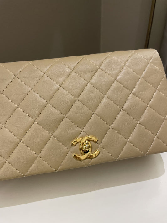 Luxury Chanel Vintage Quilted Full Flap Bag Beige Lambskin