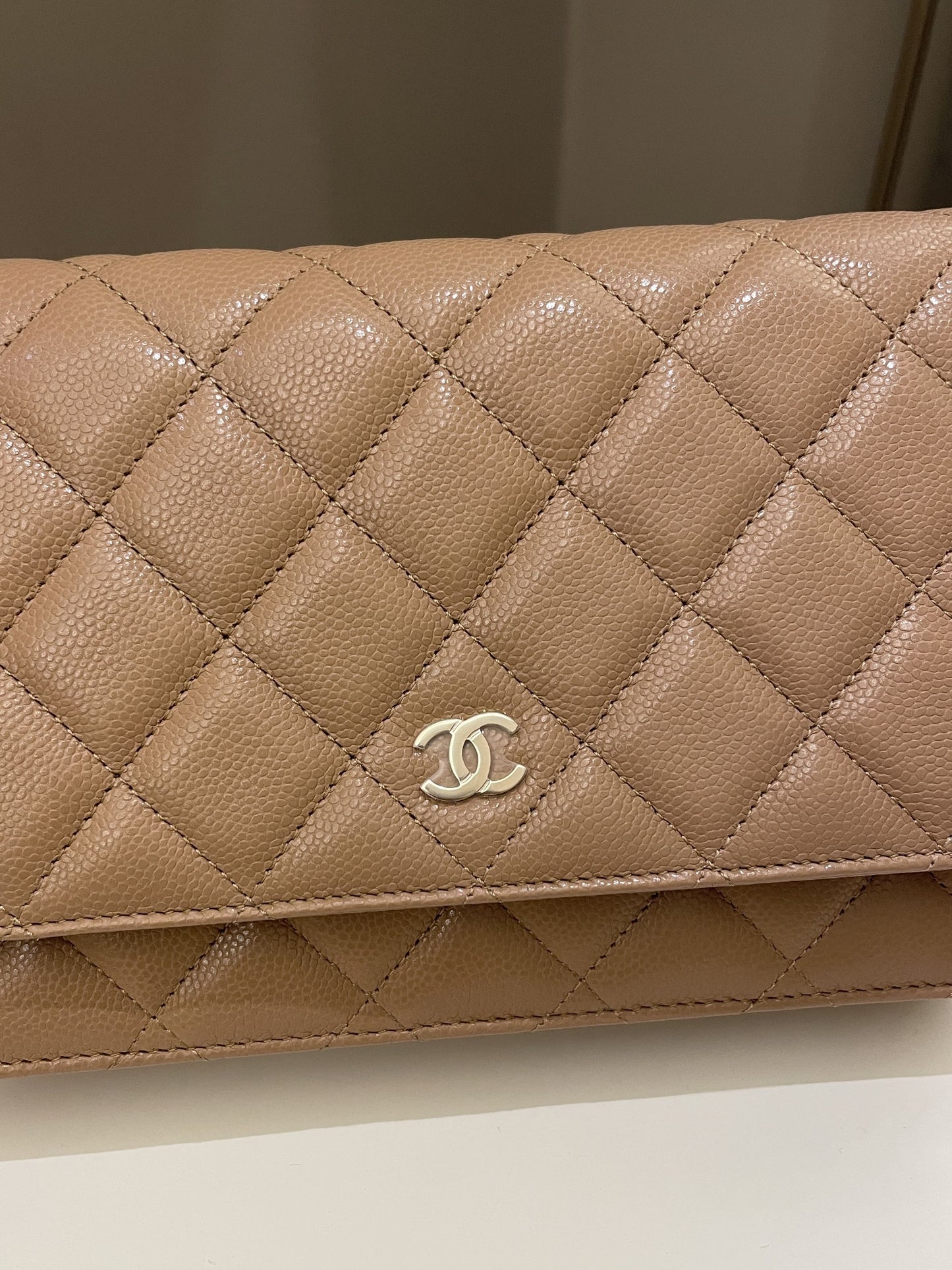 Luxury Chanel Classic Quilted Wallet on Chain Dark Nude Beige Caviar