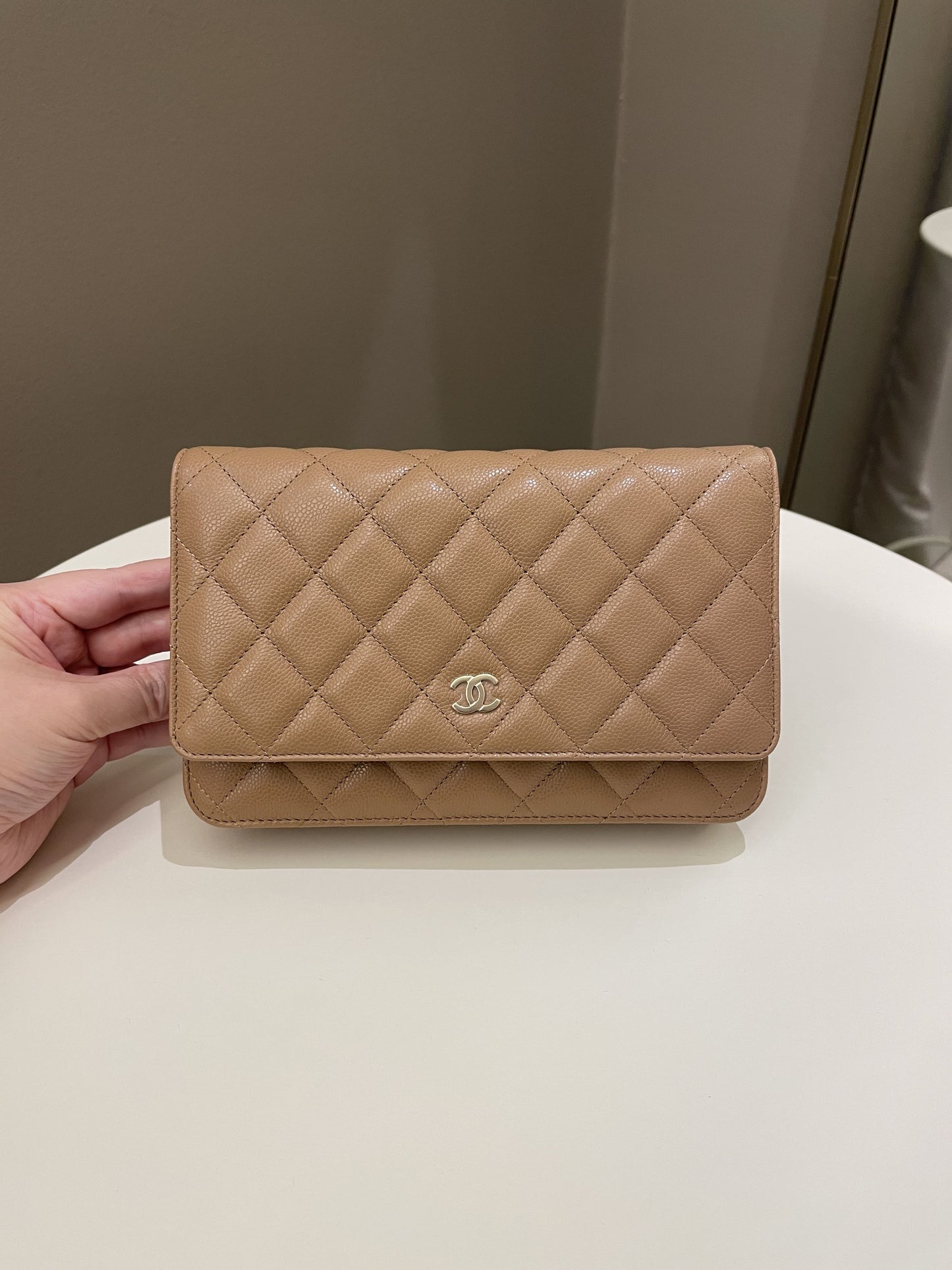 Luxury Chanel Classic Quilted Wallet on Chain Dark Nude Beige Caviar