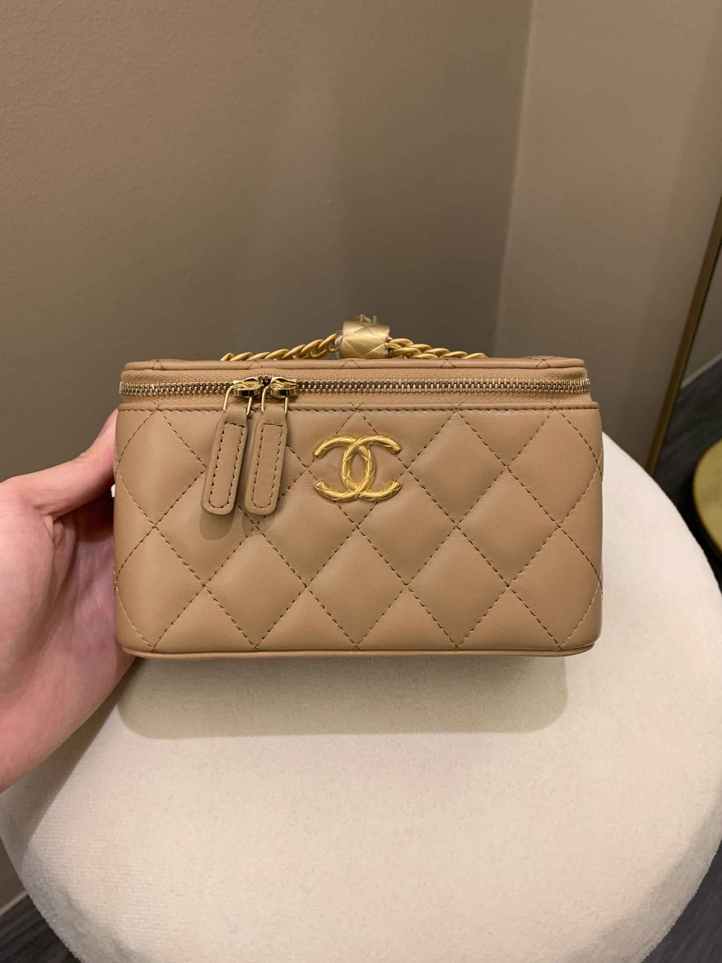 Luxury Chanel 22K Quilted Mini Crush Vanity Rectangular Dark Beige Lambskin