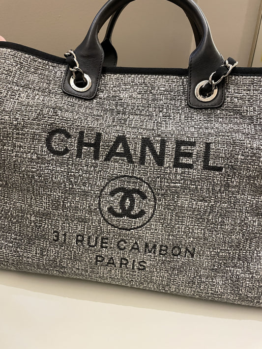 Luxury Chanel Deauville Shopper Tote Grey/ Black Canvas
