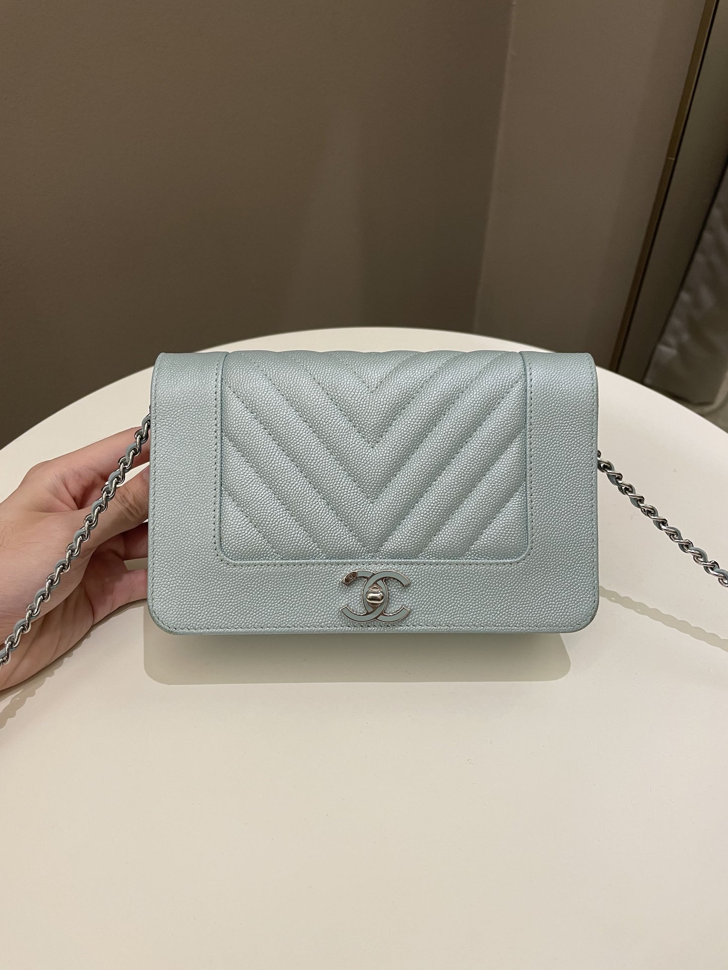 Luxury Chanel Mademoiselle Wallet On Chain Blue Iridescent Caviar