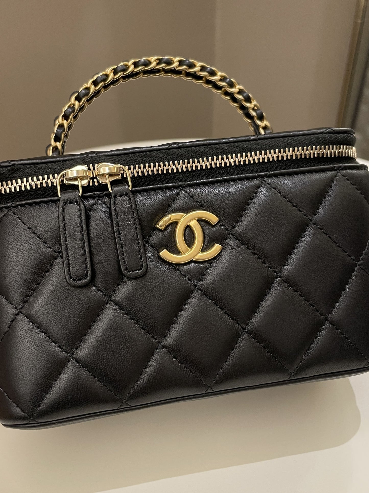 Luxury Chanel Top Handle Quilted Mini Vanity Rectangular Black Lambskin