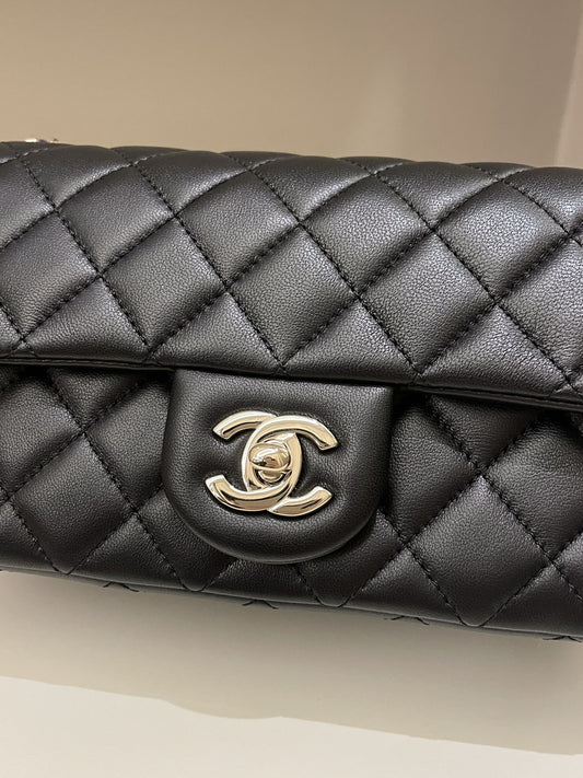 Luxury Chanel 23C Pearl Crush Quilted Mini Rectangular Black Lambskin