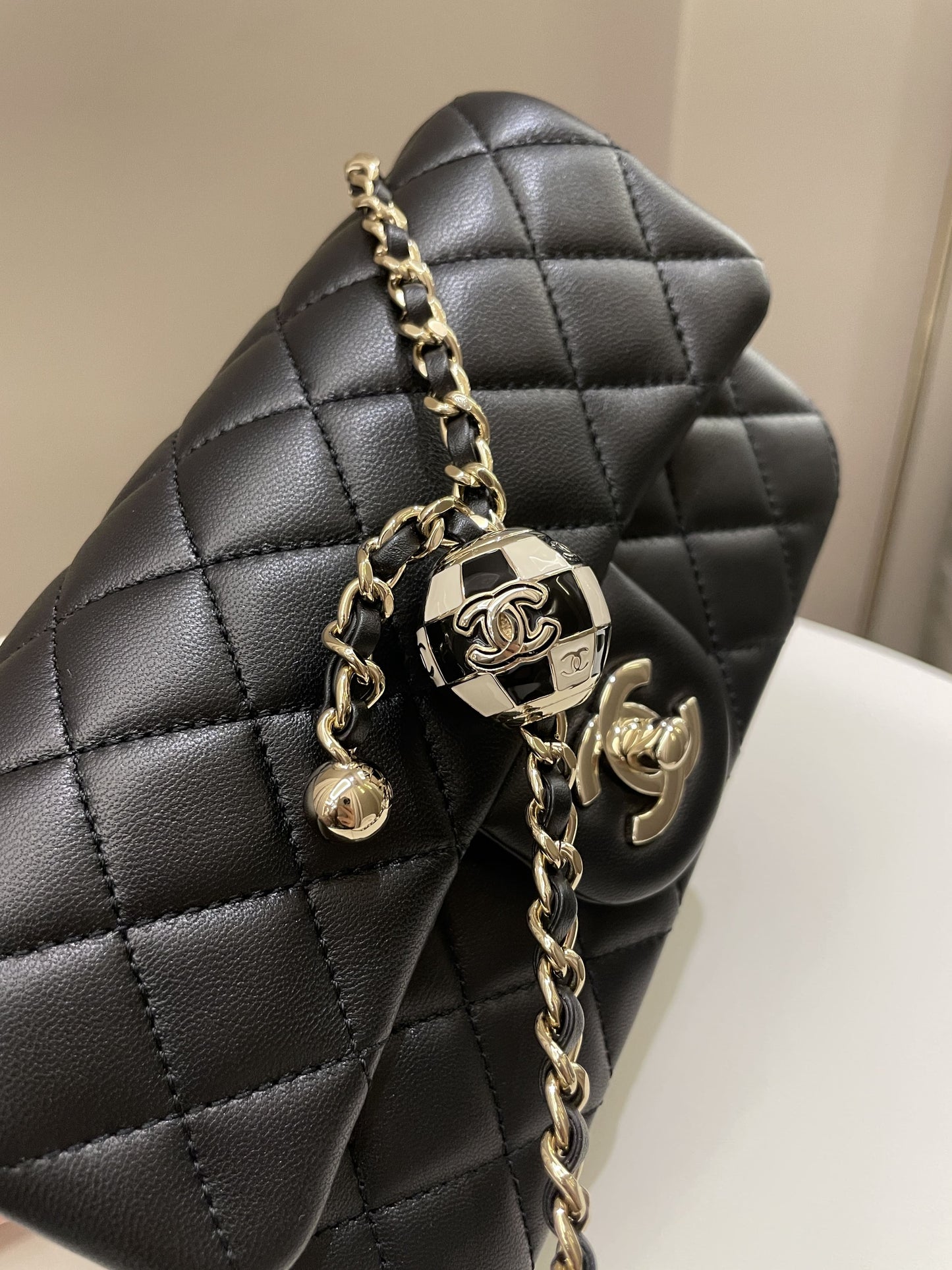 Luxury Chanel 23C Pearl Crush Quilted Mini Rectangular Black Lambskin