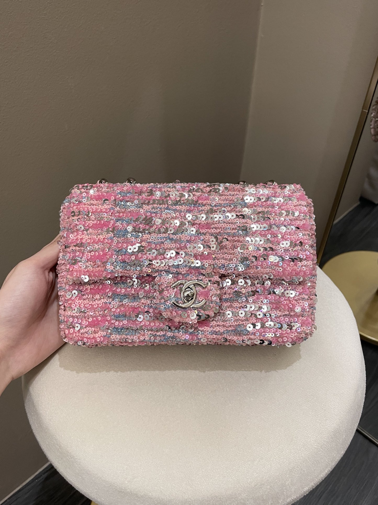 Luxury Chanel Quilted Mini Rectangular Flap Bag Pink Sequins