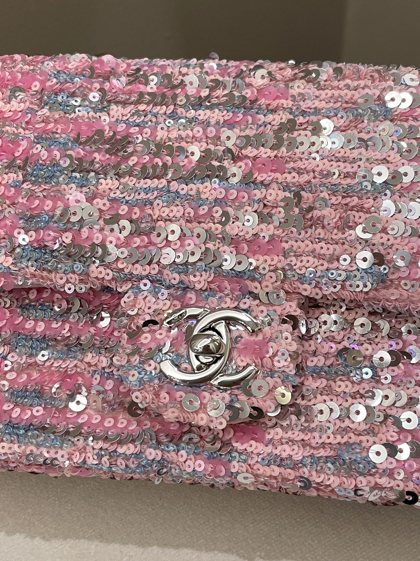 Luxury Chanel Quilted Mini Rectangular Flap Bag Pink Sequins