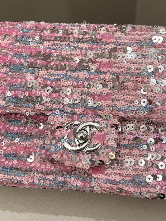 Luxury Chanel Quilted Mini Rectangular Flap Bag Pink Sequins