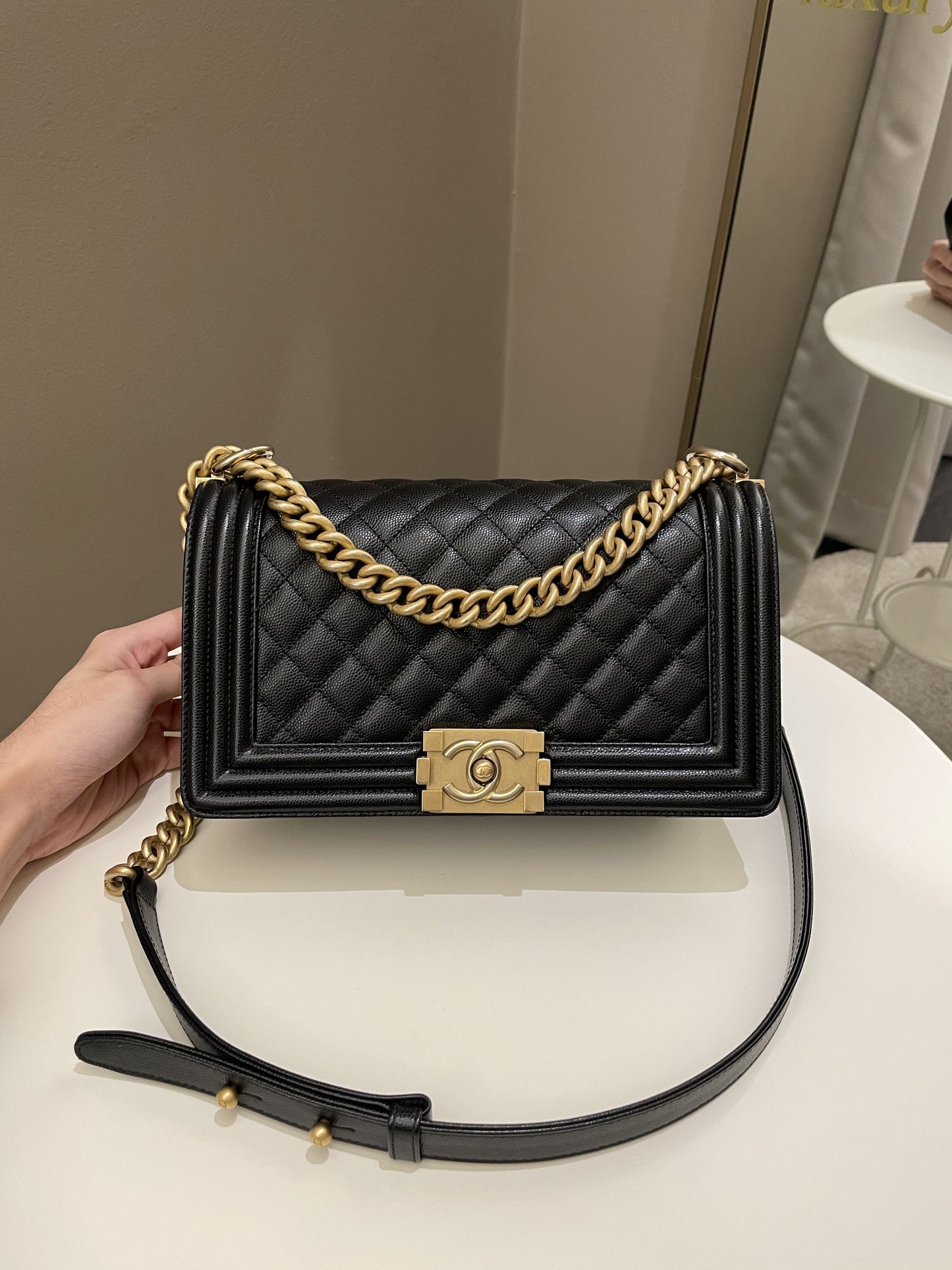 Luxury Chanel Quilted Boy Old Medium Black Rigid Caviar