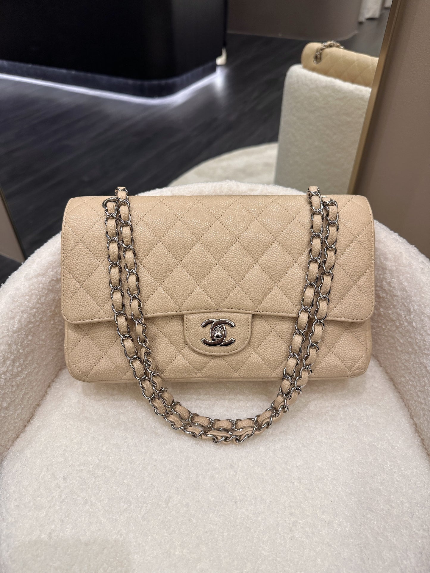 Luxury Chanel Classic Quilted Medium Double Flap Beige Caviar