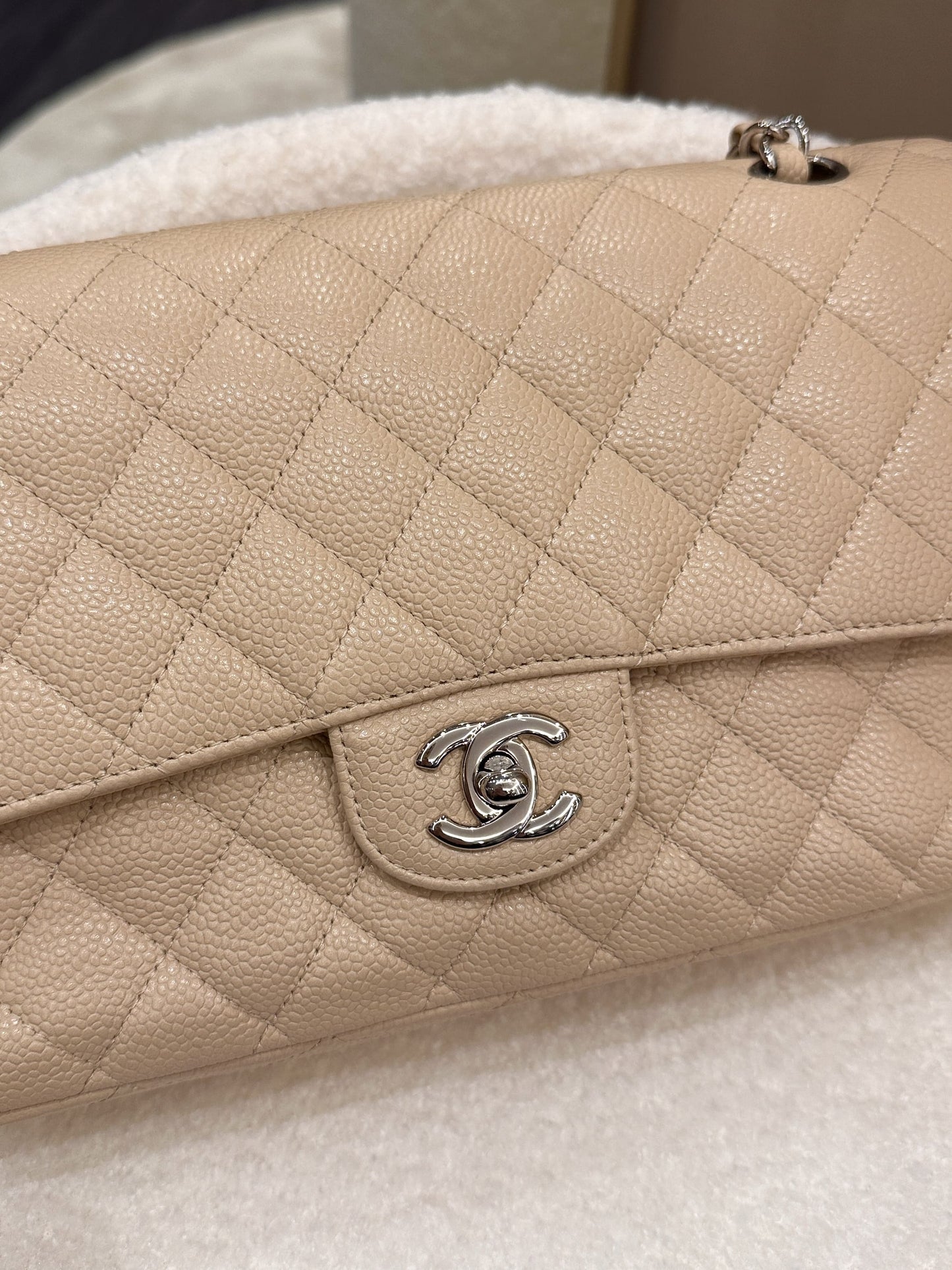 Luxury Chanel Classic Quilted Medium Double Flap Beige Caviar