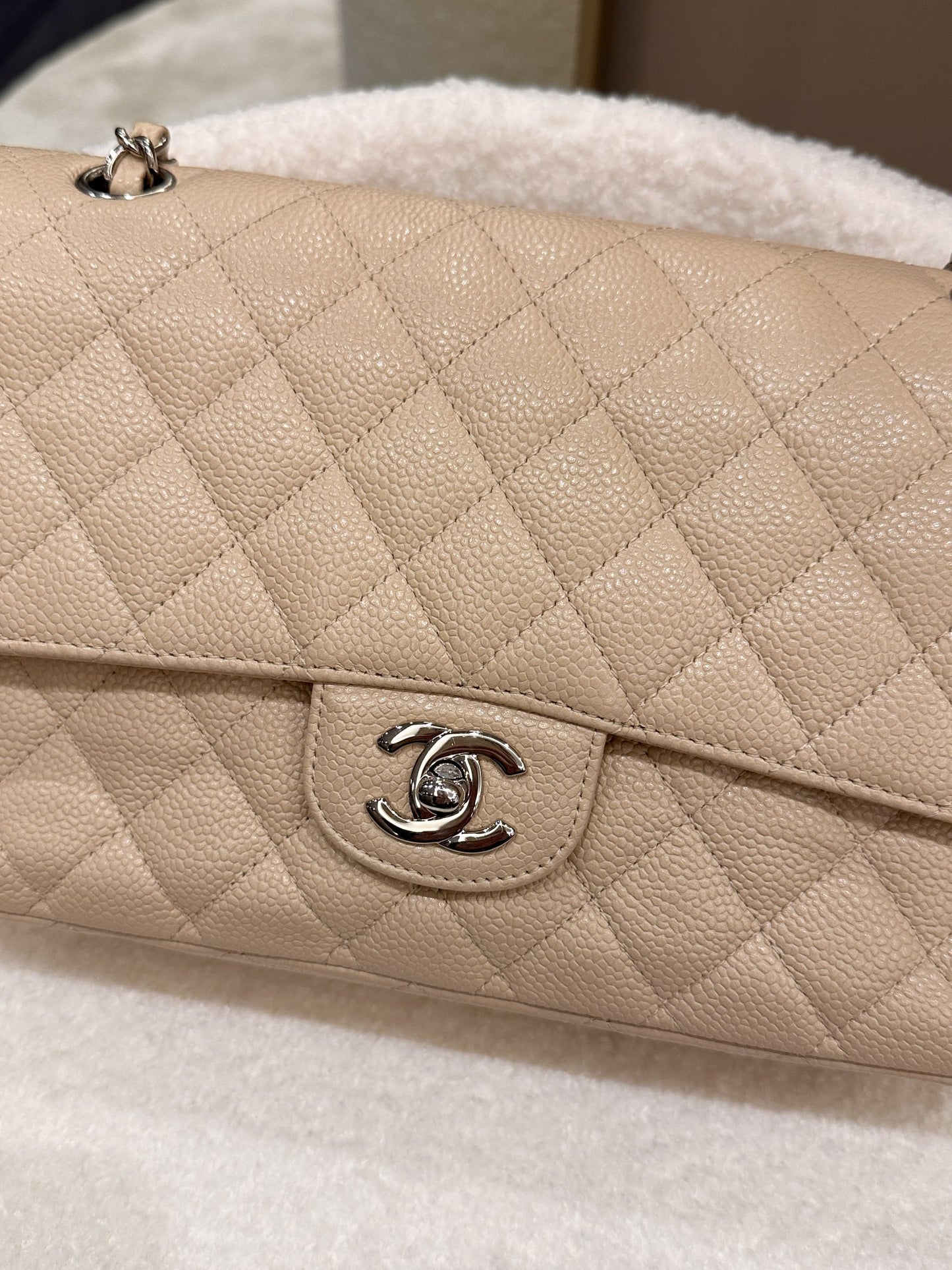 Luxury Chanel Classic Quilted Medium Double Flap Beige Caviar