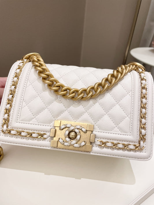 Luxury Chanel Quilted Chain Around Small Boy White Ivory Caviar