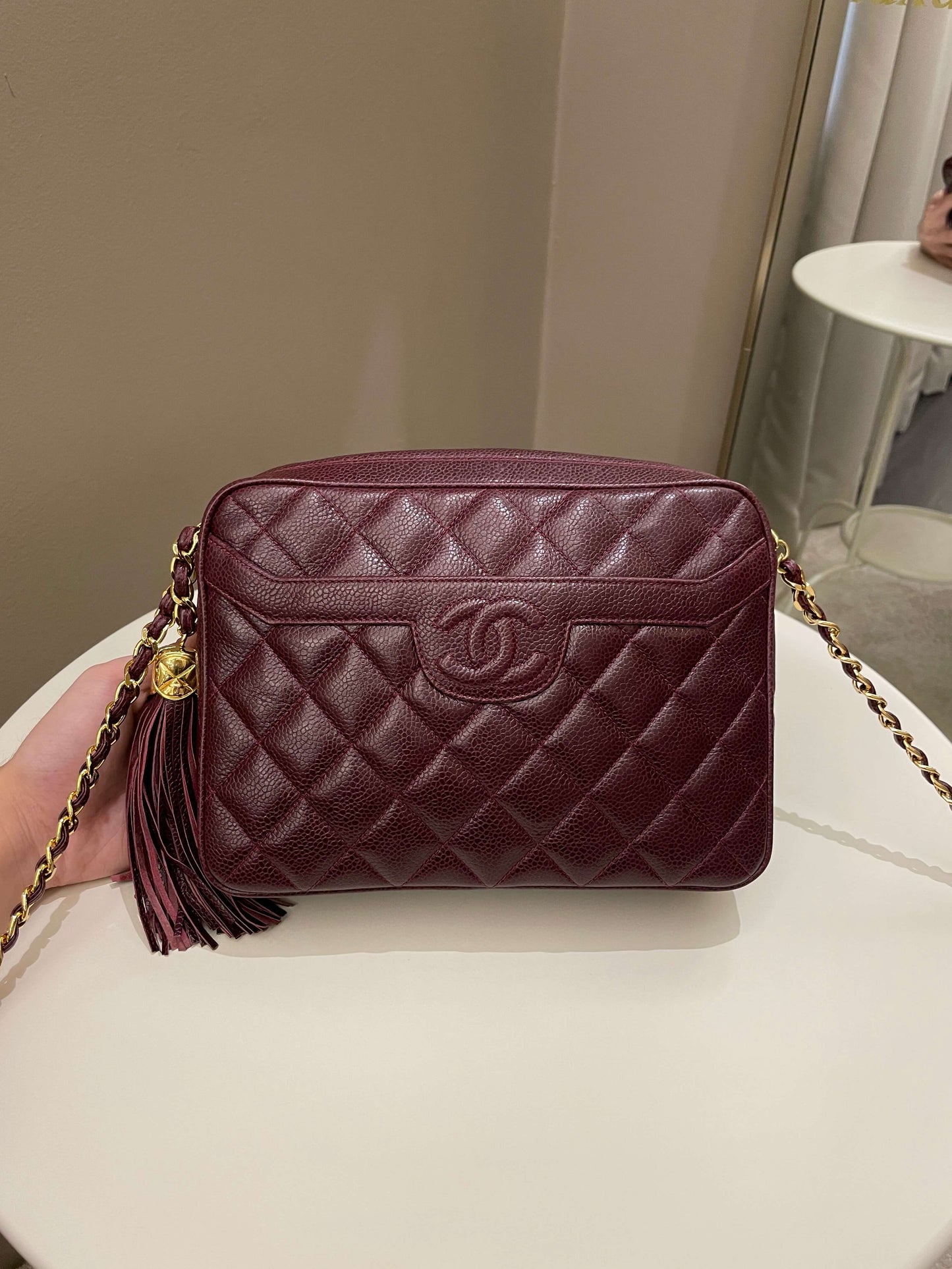Luxury Chanel Vintage Camera Bag Tassle Burgundy Caviar