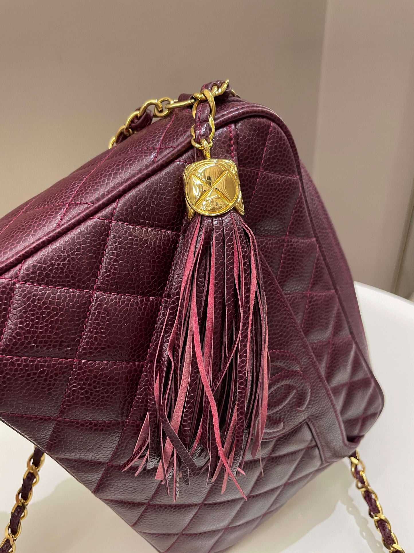Luxury Chanel Vintage Camera Bag Tassle Burgundy Caviar