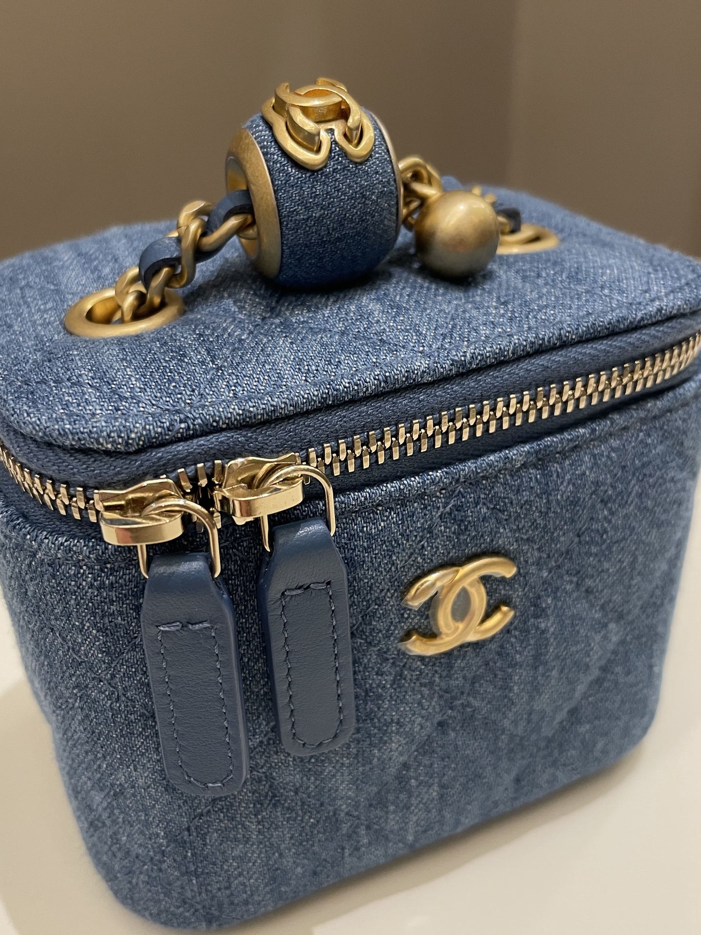 Luxury Chanel Quilted Pearl Crush Mini Vanity Cube Denim