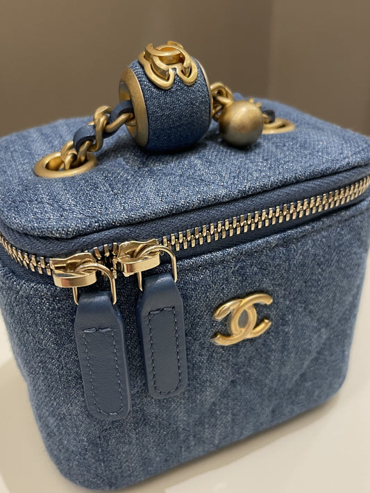 Luxury Chanel Quilted Pearl Crush Mini Vanity Cube Denim
