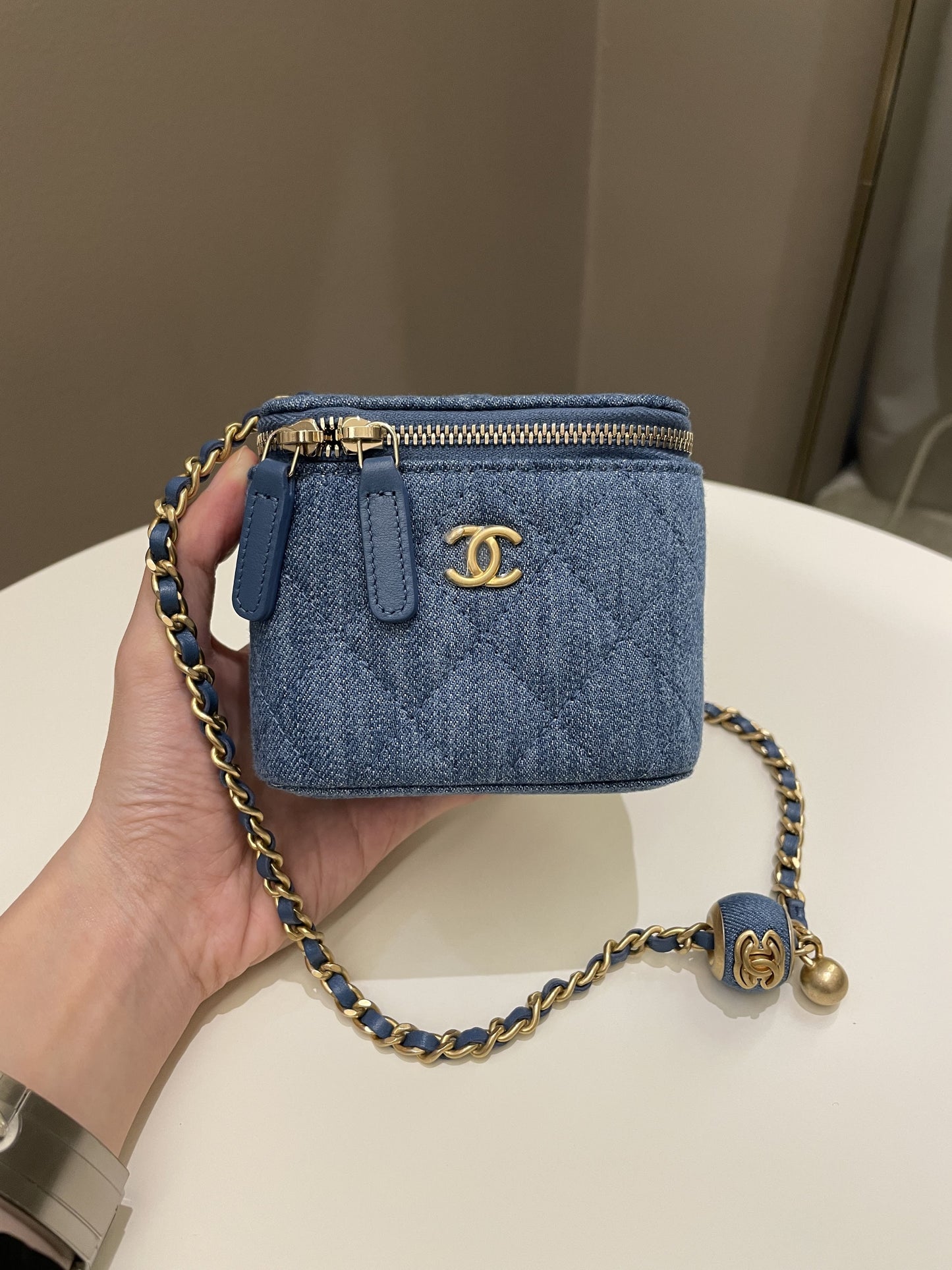 Luxury Chanel Quilted Pearl Crush Mini Vanity Cube Denim
