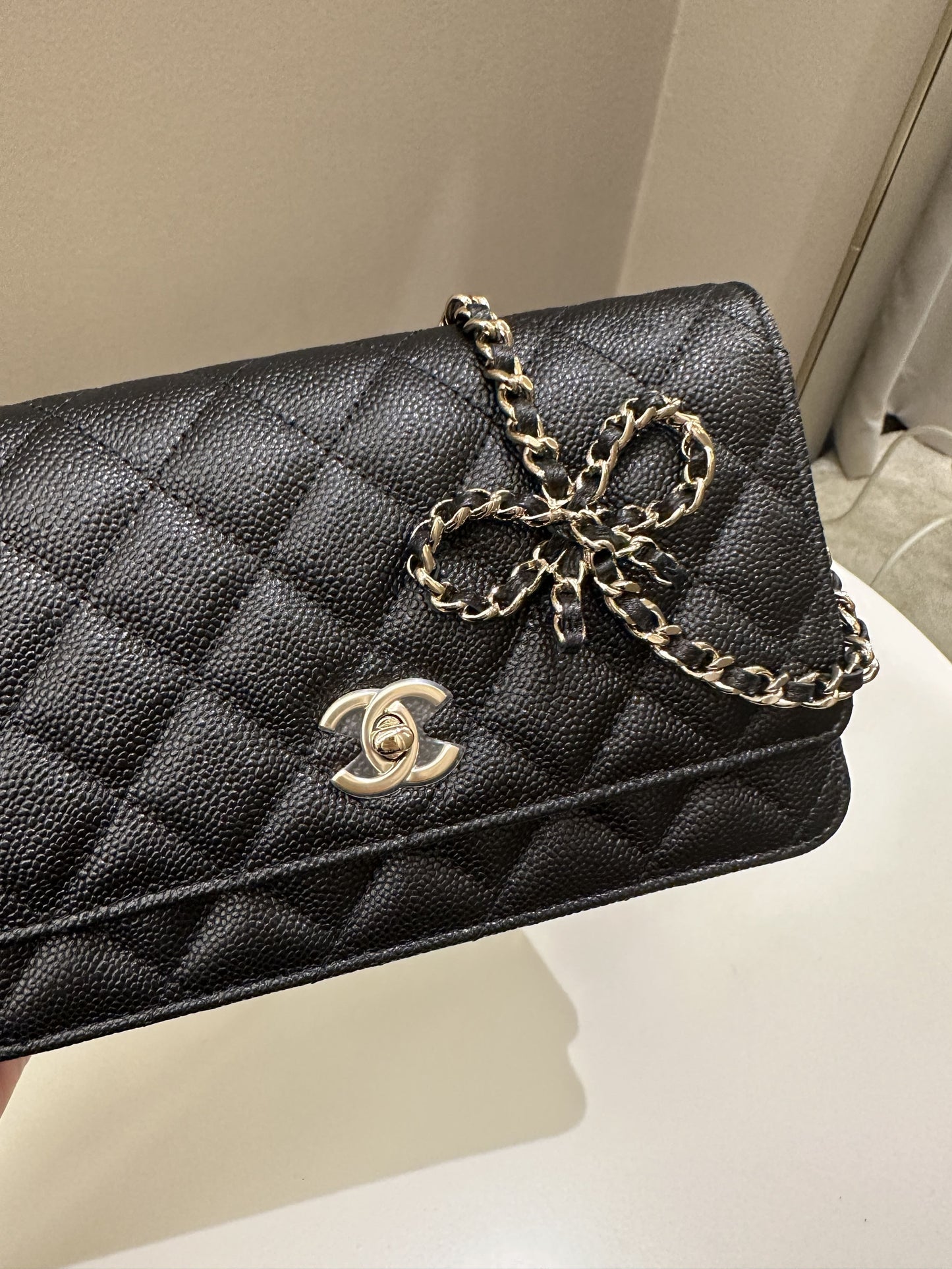 Luxury Chanel Quilted Wallet on Chain Bow Black Caviar