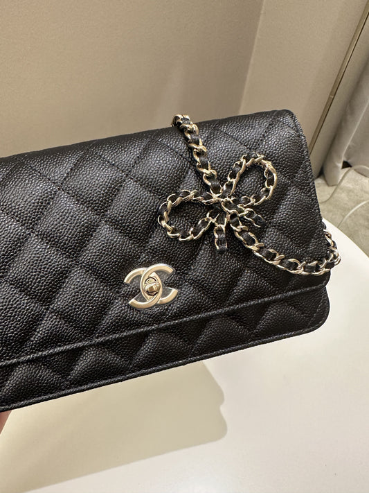 Luxury Chanel Quilted Wallet on Chain Bow Black Caviar