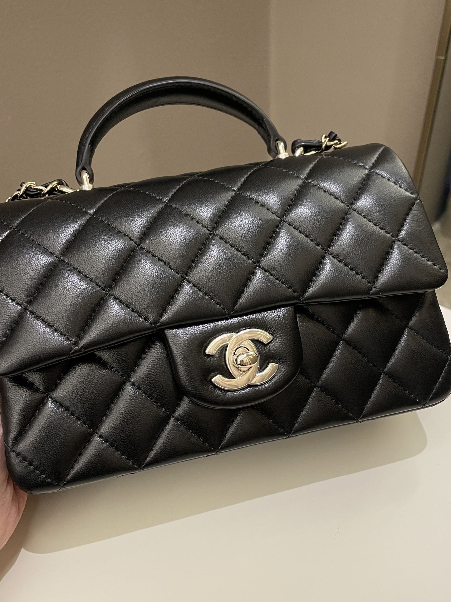 Luxury Chanel Quilted Top Handle Mini Rectangular Black Lambskin