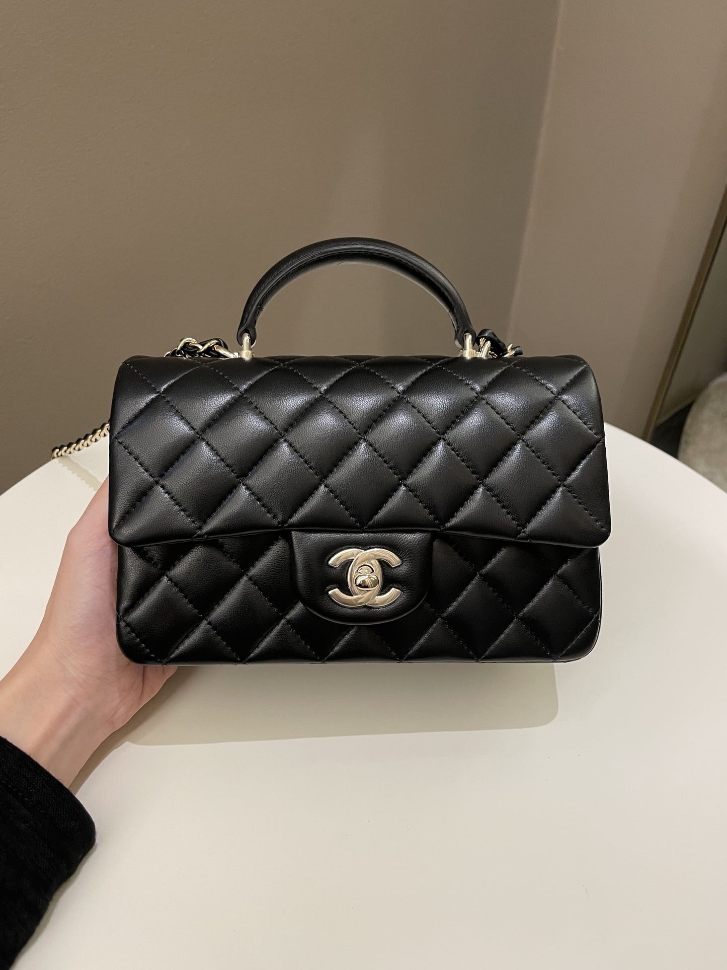 Luxury Chanel Quilted Top Handle Mini Rectangular Black Lambskin