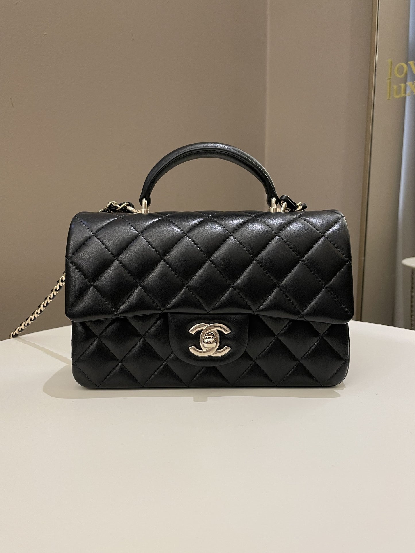 Luxury Chanel Quilted Top Handle Mini Rectangular Black Lambskin