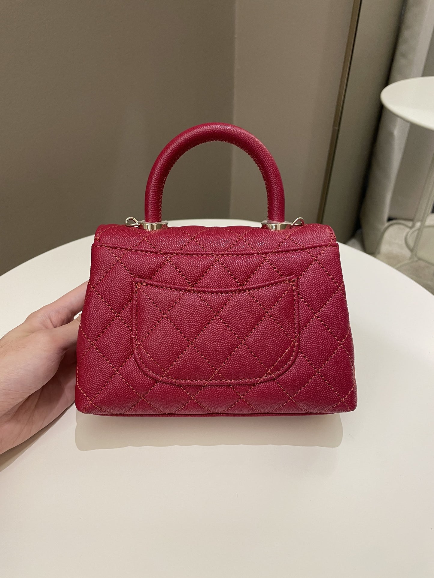 Luxury Chanel 22K Quilted Coco Handle Mini Lipstick Red Caviar
