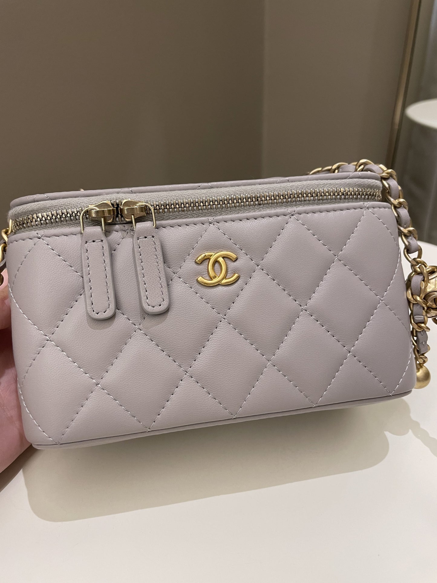Luxury Chanel Quilted Pearl Crush Vanity Rectangular Grey Lambskin