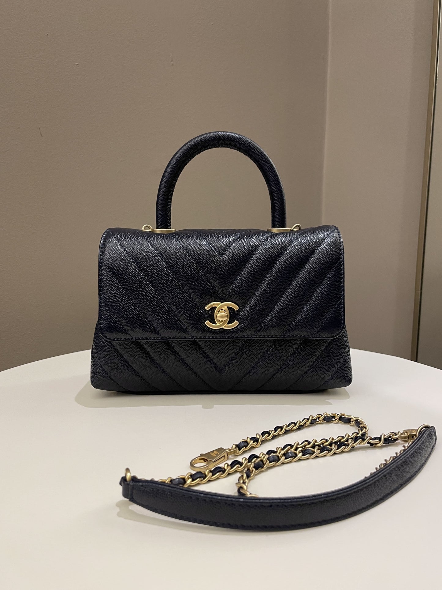 Luxury Chanel Chevron Coco Handle Midnight Blue Caviar