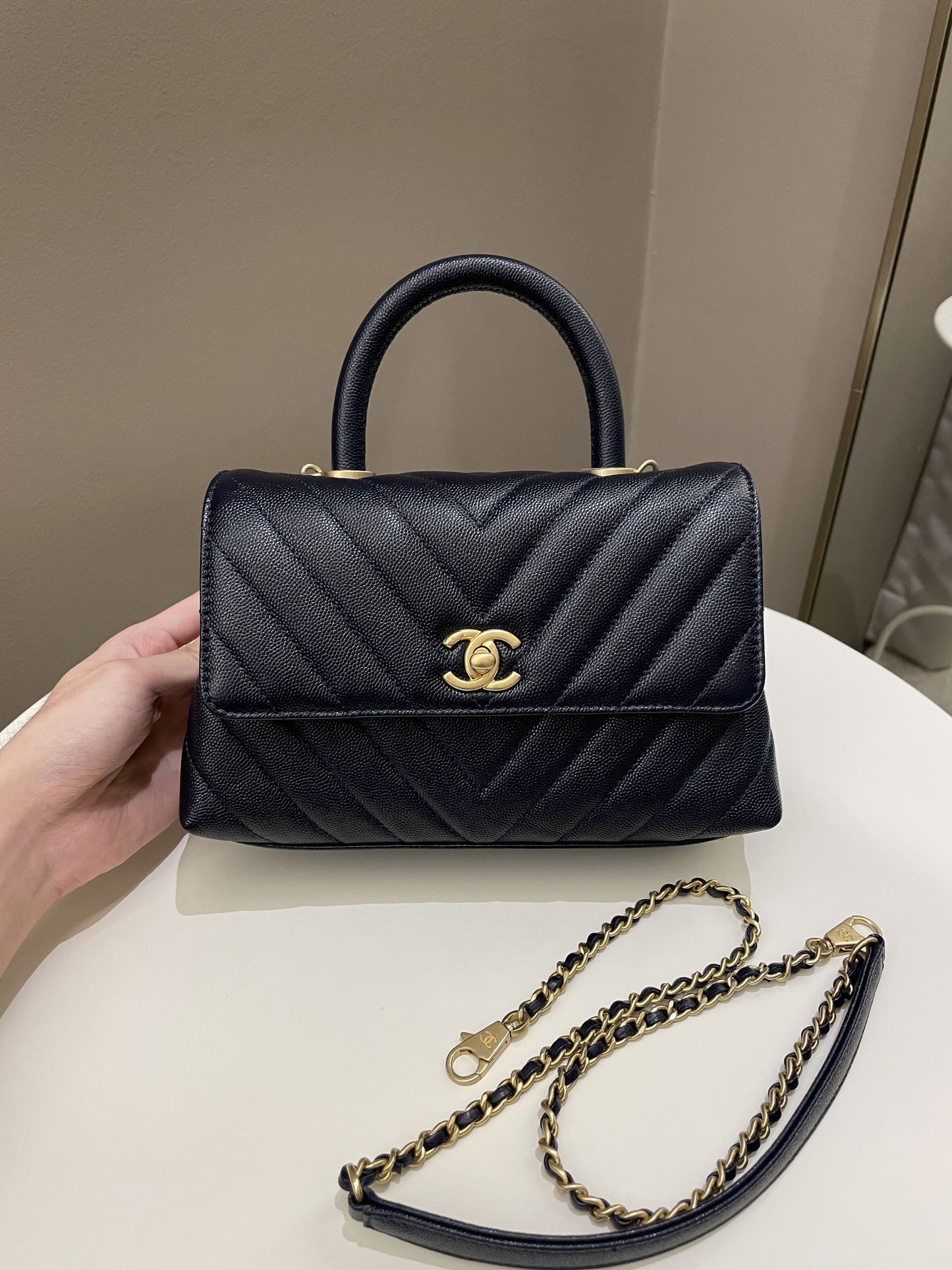 Luxury Chanel Chevron Coco Handle Midnight Blue Caviar