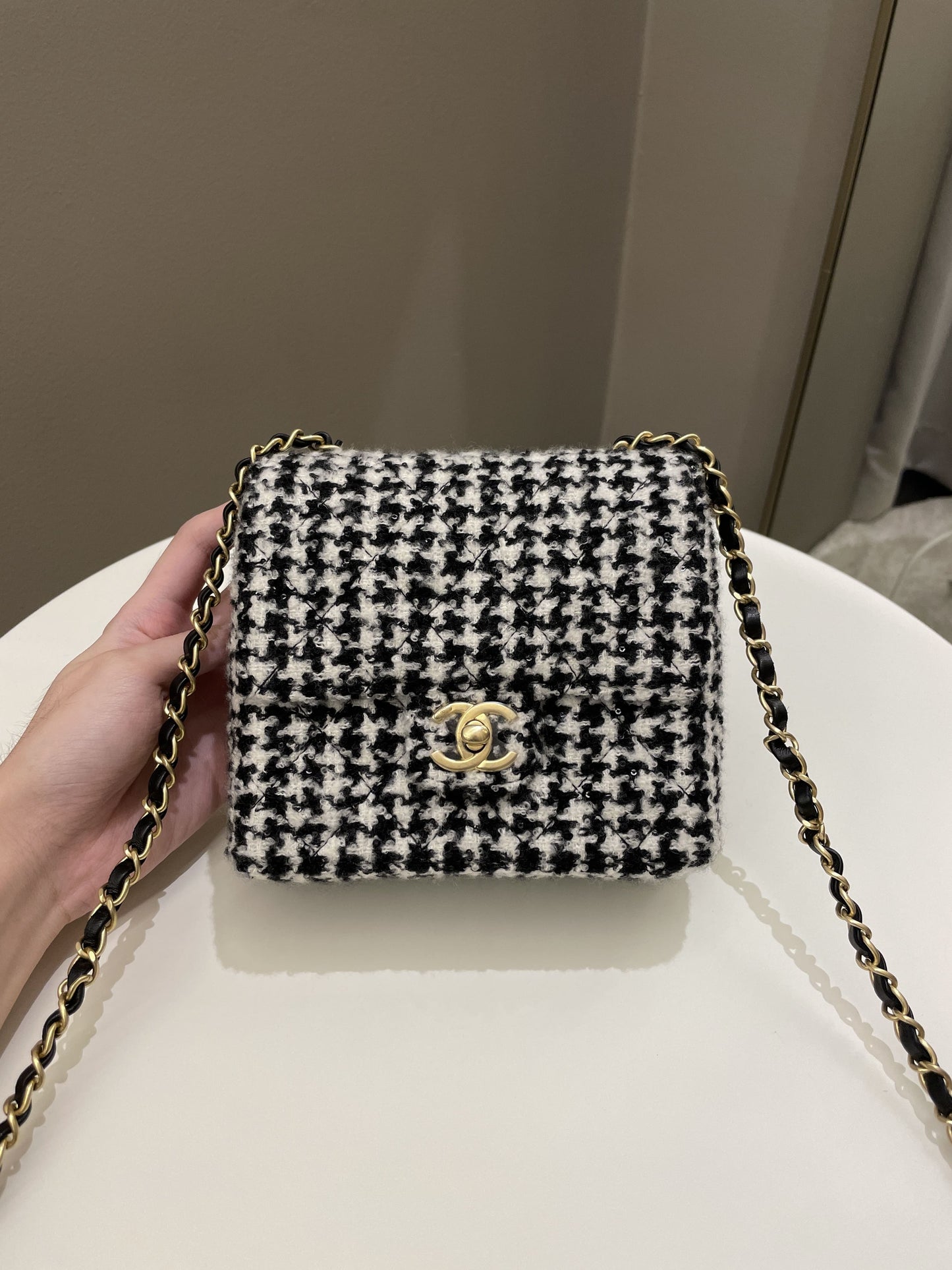 Luxury Chanel 22K Houndstooth Mini Square Black/ White Sequin Tweed