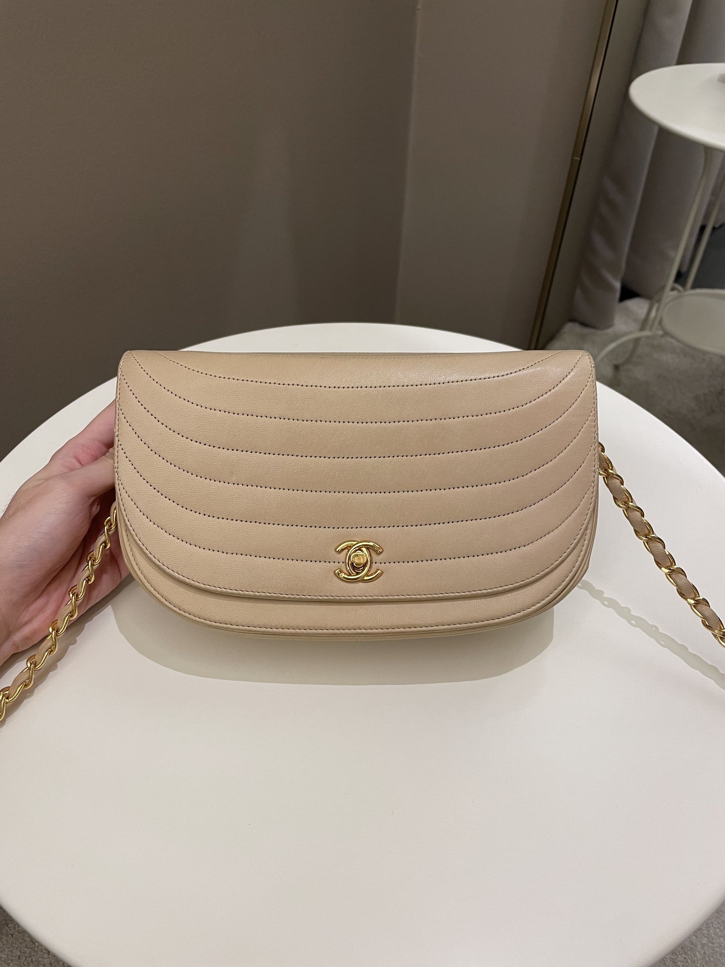 Luxury Chanel Vintage Half Moon Flap Bag Beige Lambskin