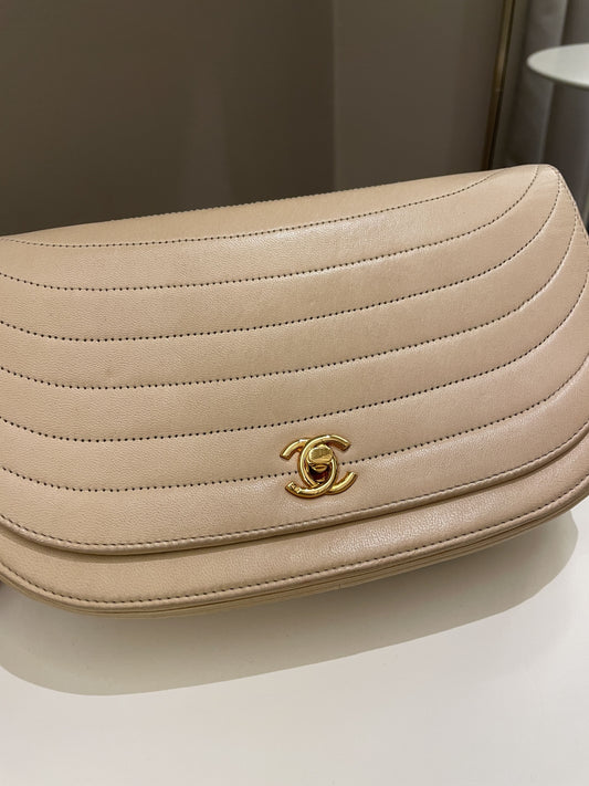 Luxury Chanel Vintage Half Moon Flap Bag Beige Lambskin