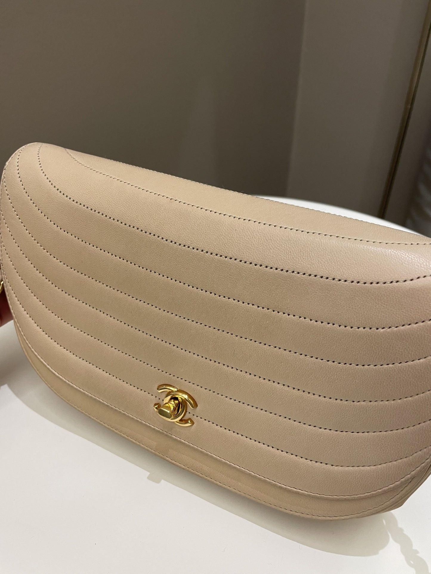 Luxury Chanel Vintage Half Moon Flap Bag Beige Lambskin