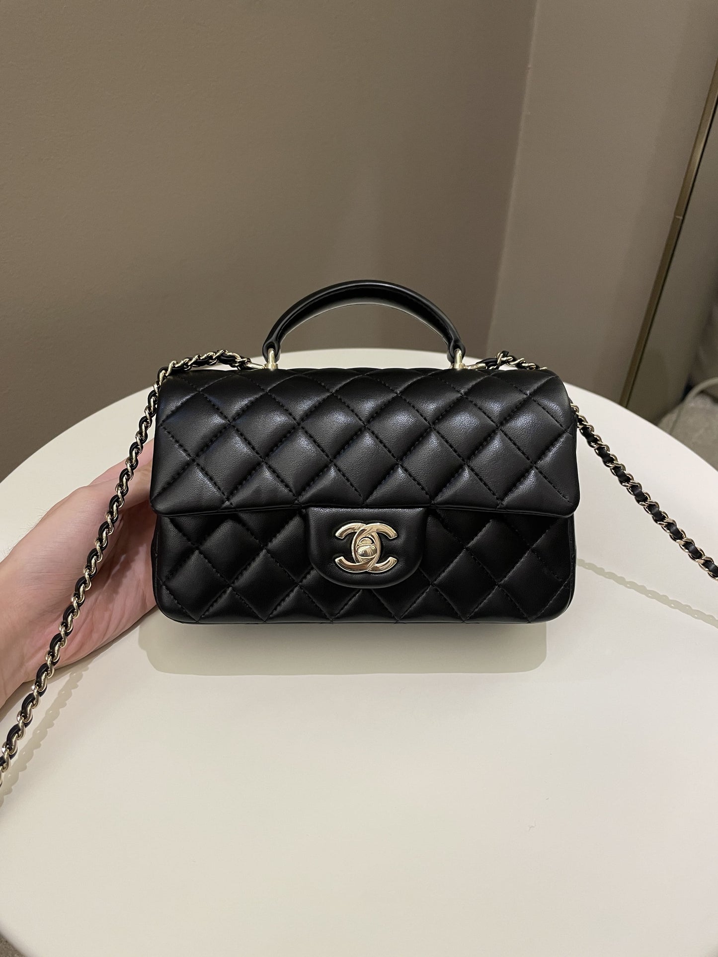 Luxury Chanel Quilted Top Handle Mini Rectangular Black Lambskin