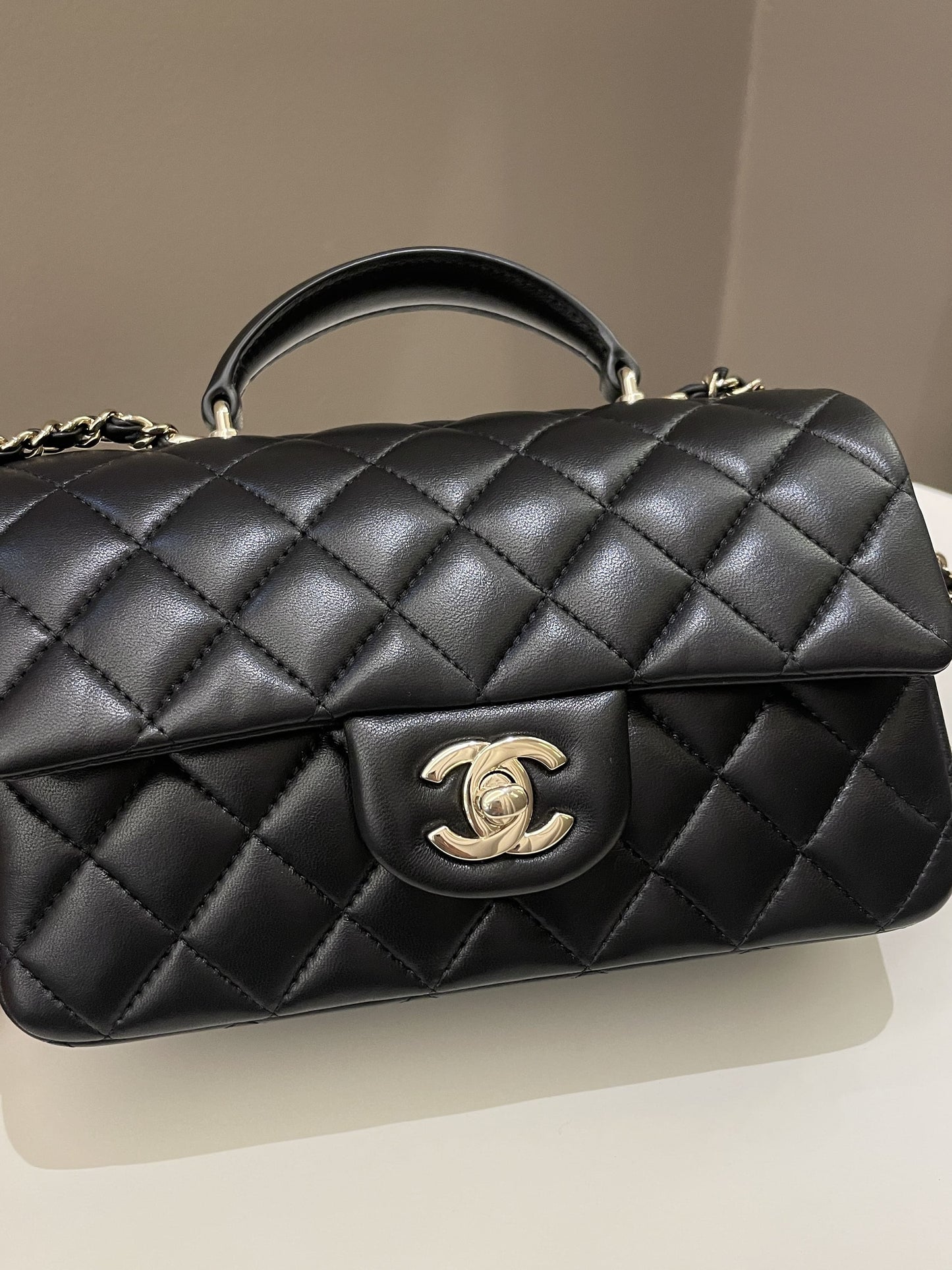 Luxury Chanel Quilted Top Handle Mini Rectangular Black Lambskin