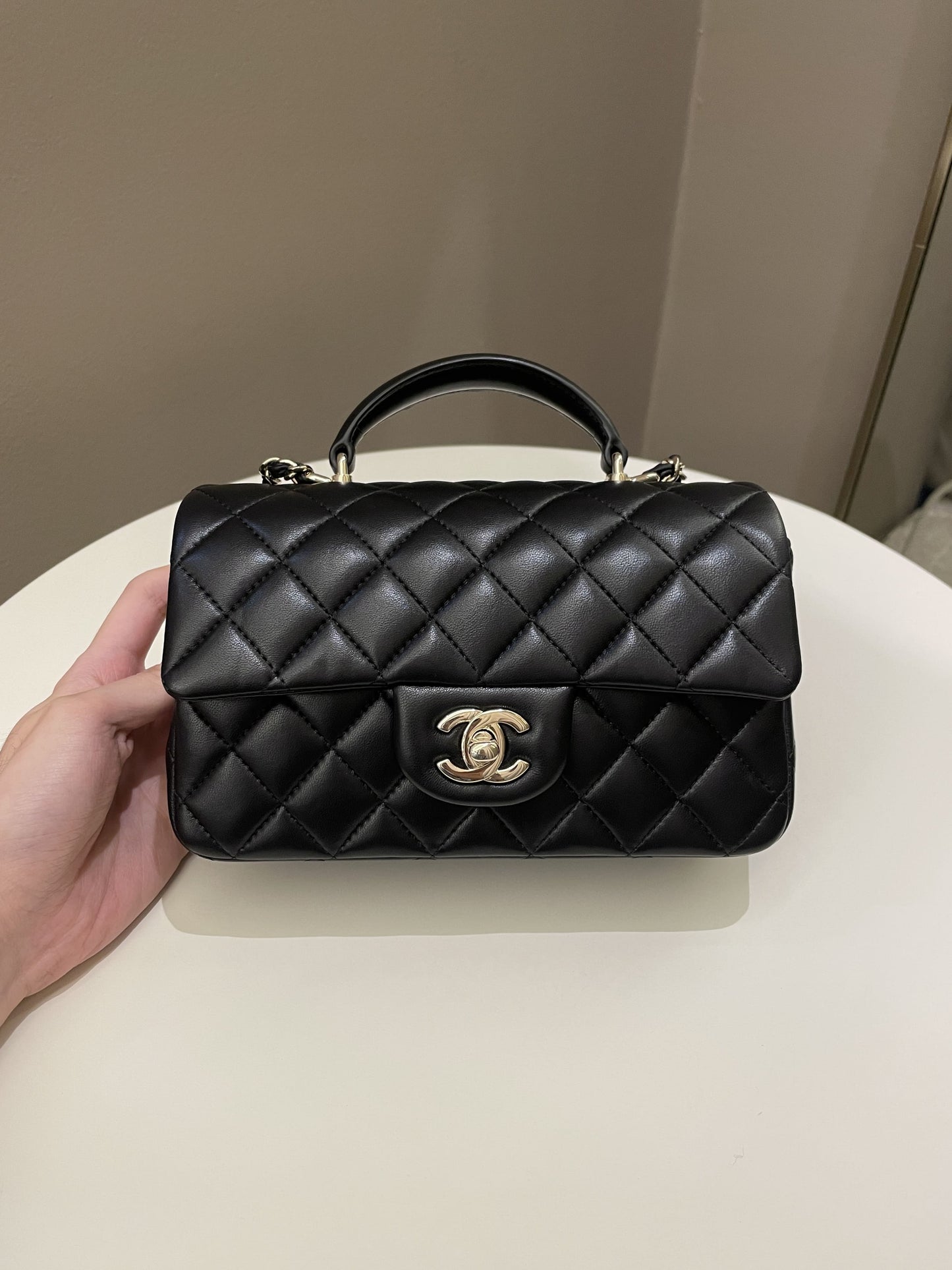 Luxury Chanel Quilted Top Handle Mini Rectangular Black Lambskin