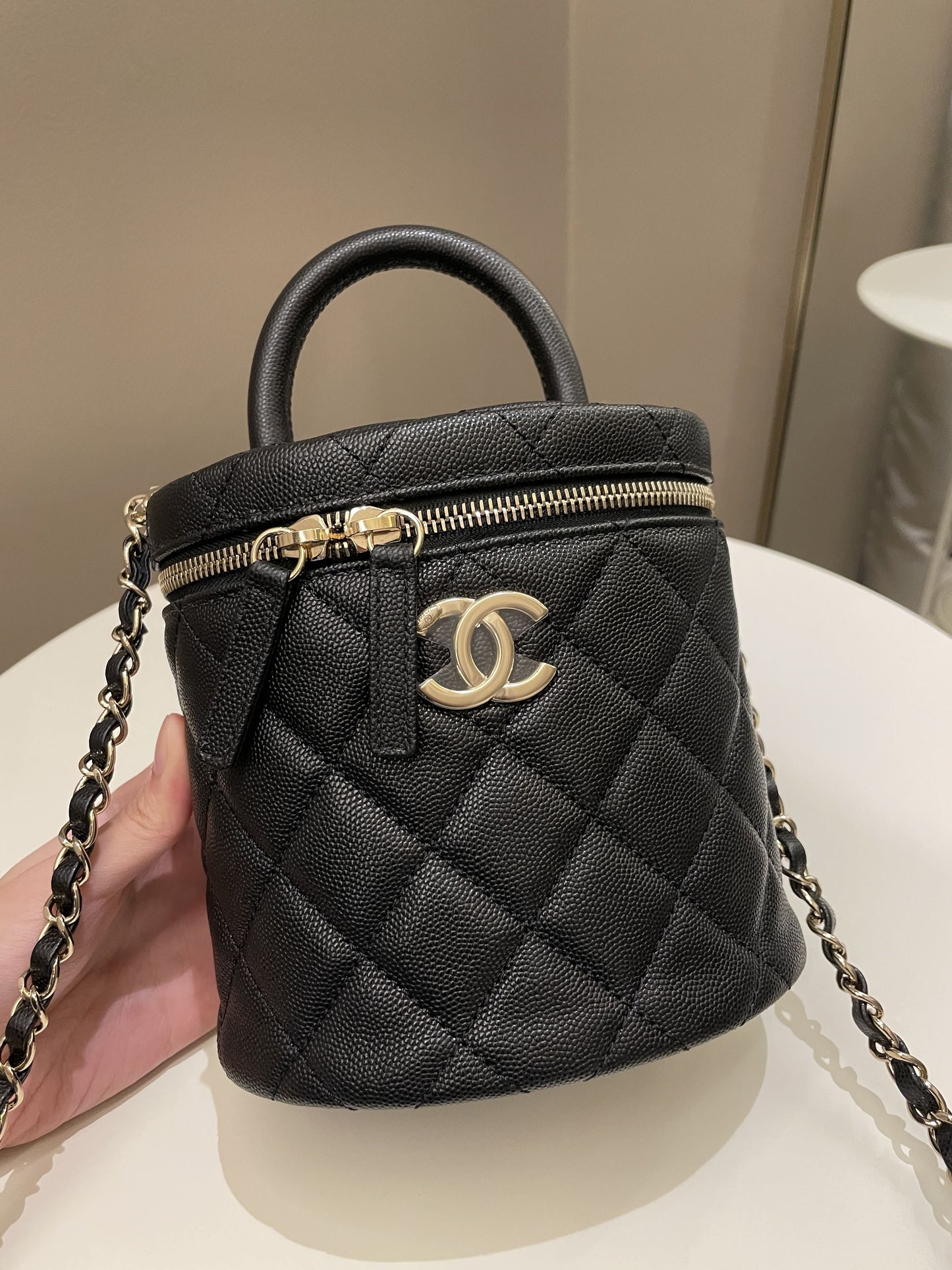 Luxury Chanel CC Quilted Vanity Top Handle Bag Black Caviar