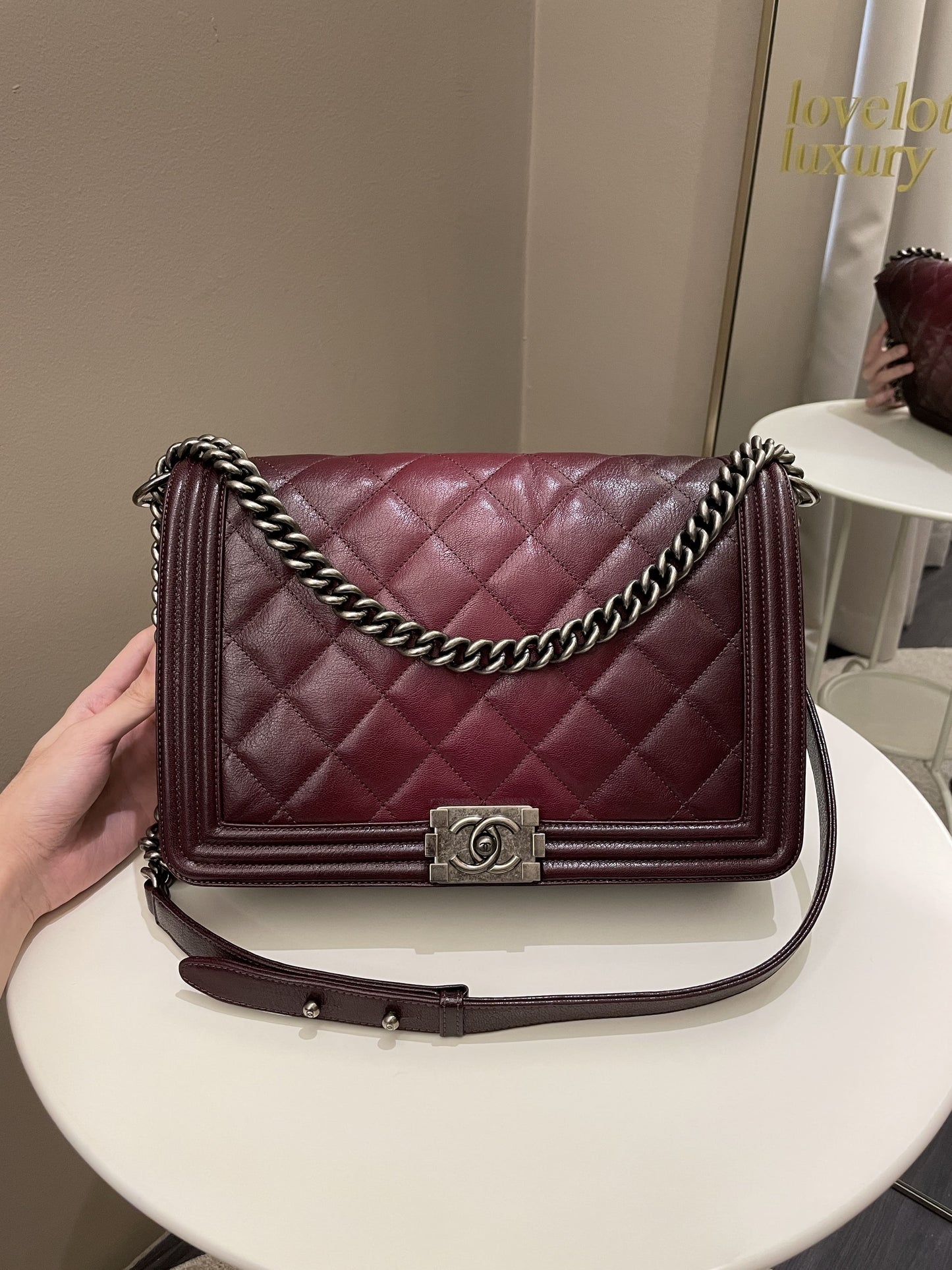 Luxury Chanel Quilted Boy Large Burgundy Ombré Calfskin